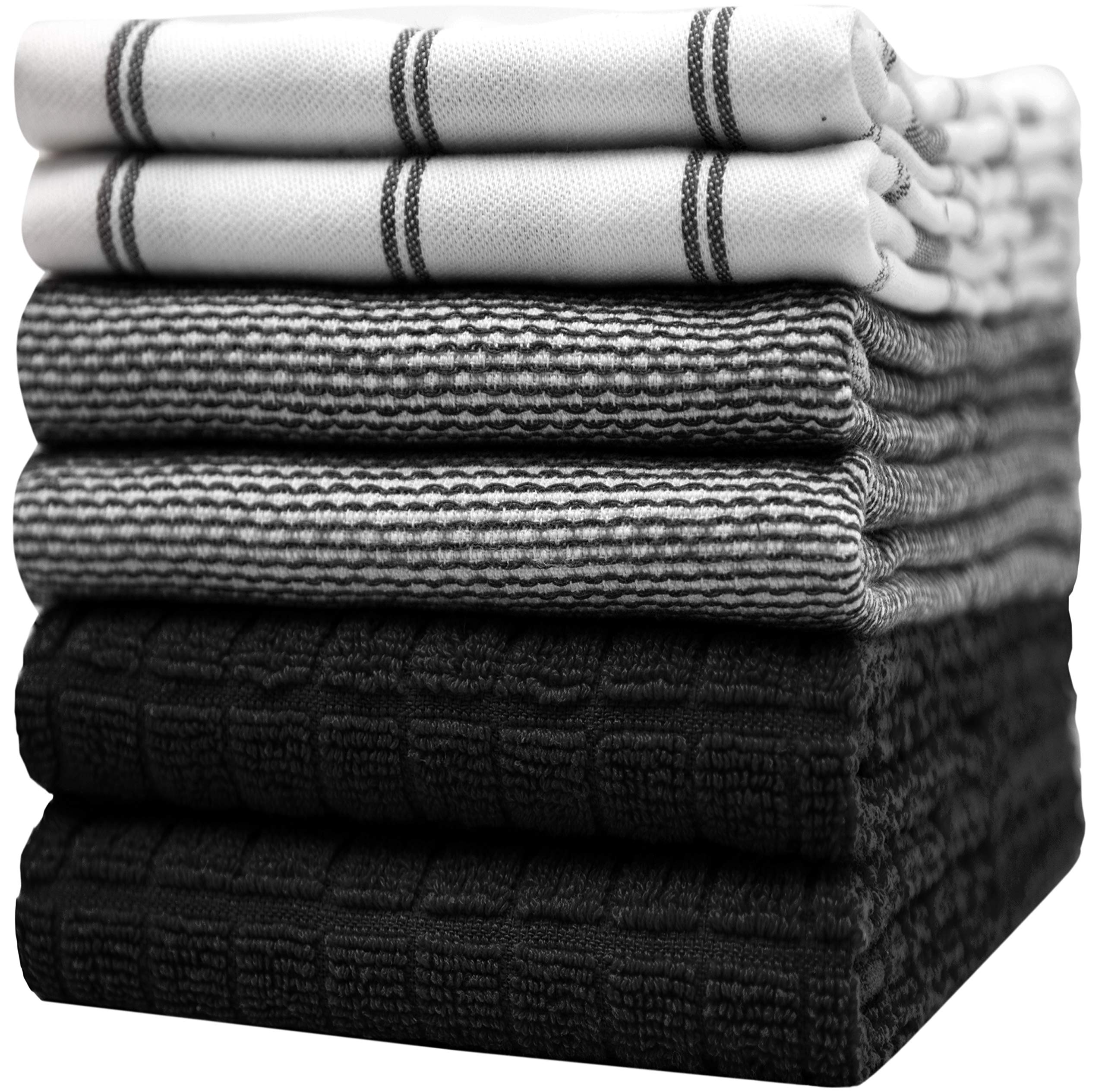 Premium Cotton Kitchen Towels Set (20”x28”, 6 Pack) - Super Absorbent Dish Towels & Hand Towels with Hanging Loop - Black Check Pattern for Cooking, Cleaning & Drying Dishes