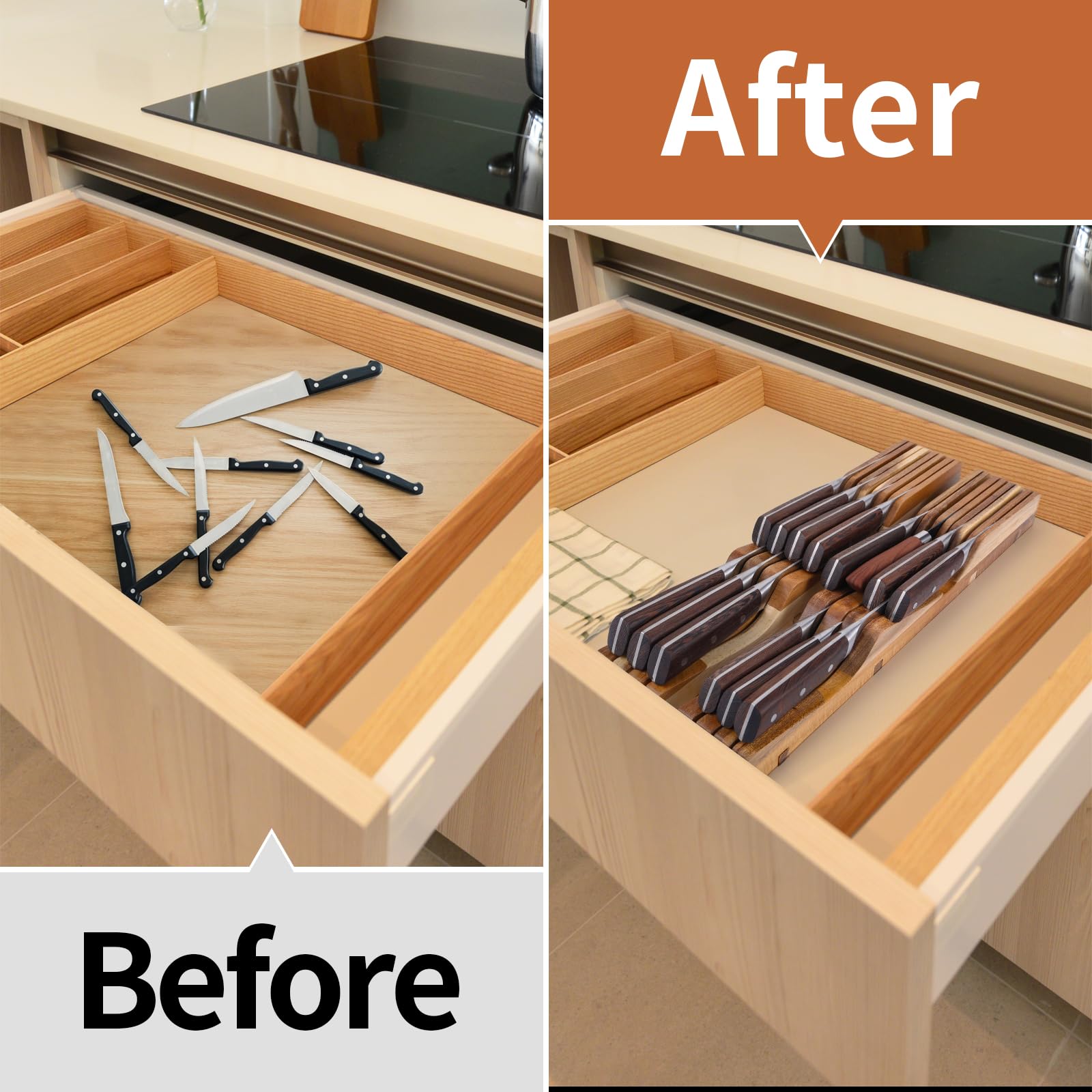 Premium Acacia Wood Knife Drawer Organizer - Holds 16 Knives & Honing Steel (Not Included) - Space-Saving Kitchen Knife Storage for Steak Knives, Chef Knives, Paring Knives - Washable & Durable - Perfect for Home Kitchens, Restaurants & RV Cooking