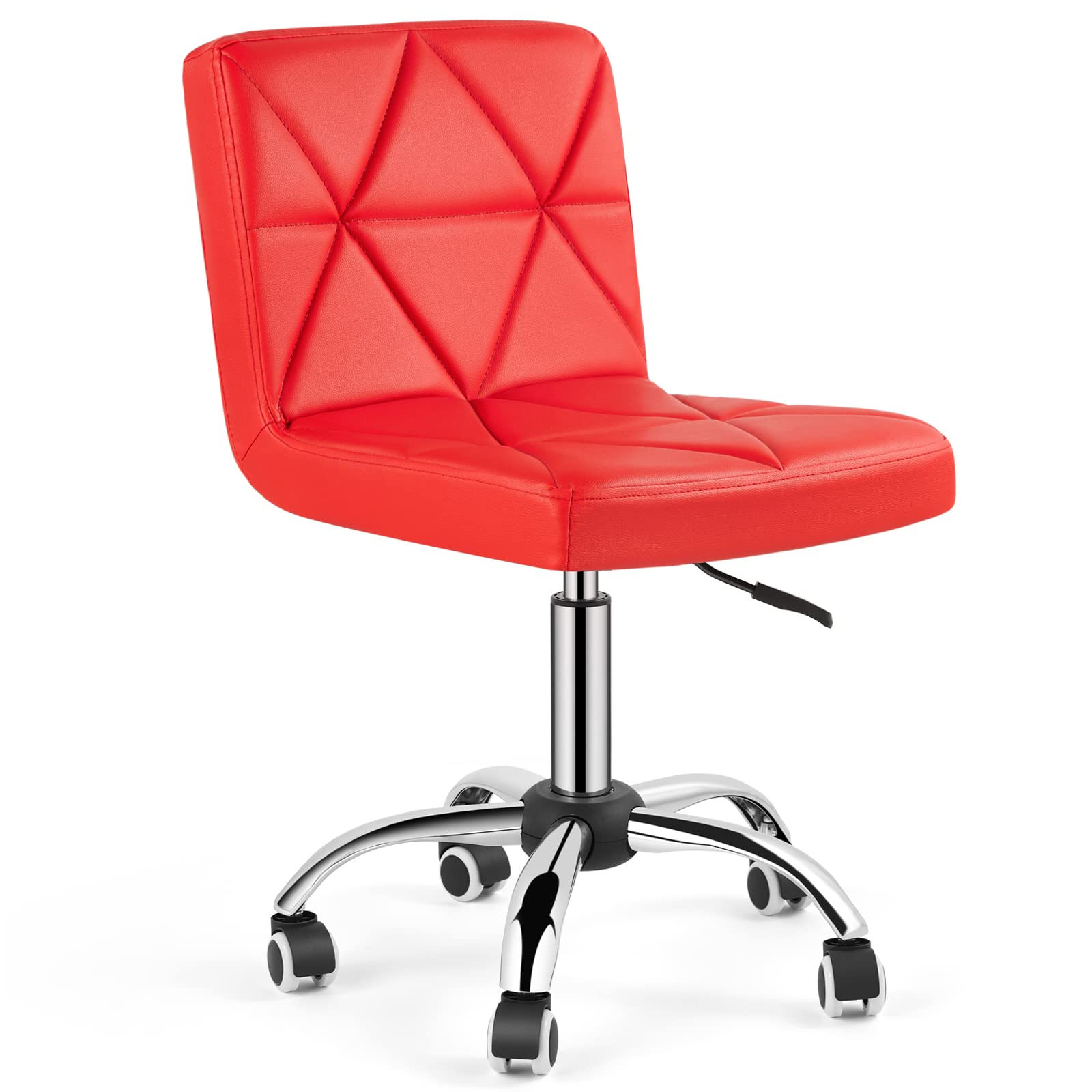Armless Desk Chair with Low Back & Swivel - Adjustable Task Chair with Rolling Wheels & Diamond Pattern - Ergonomic Office Chair for Home, Computer Work, Barber Shop - Red
