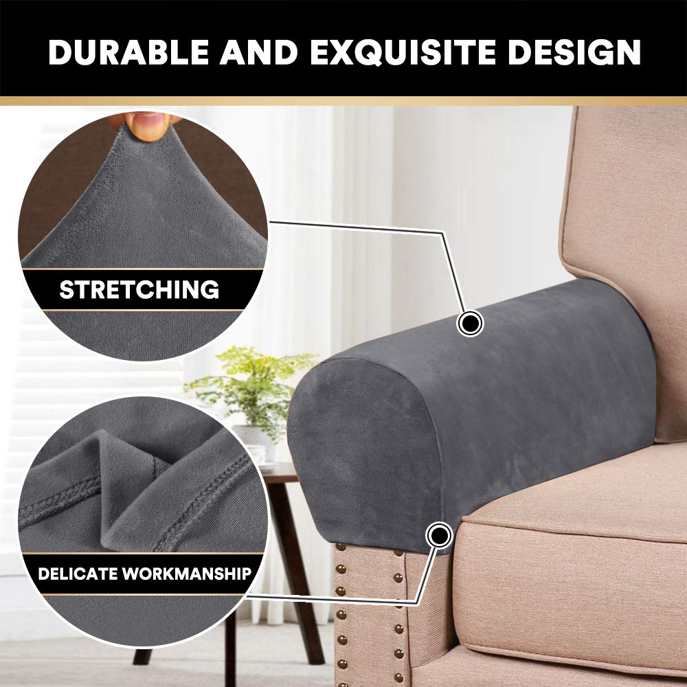 PrinceDeco 4-Pack Thick Velvet Stretch Armrest Covers - Non-Slip Sofa & Chair Arm Protectors (Grey) - Perfect for Living Room Furniture Protection & Home Decor