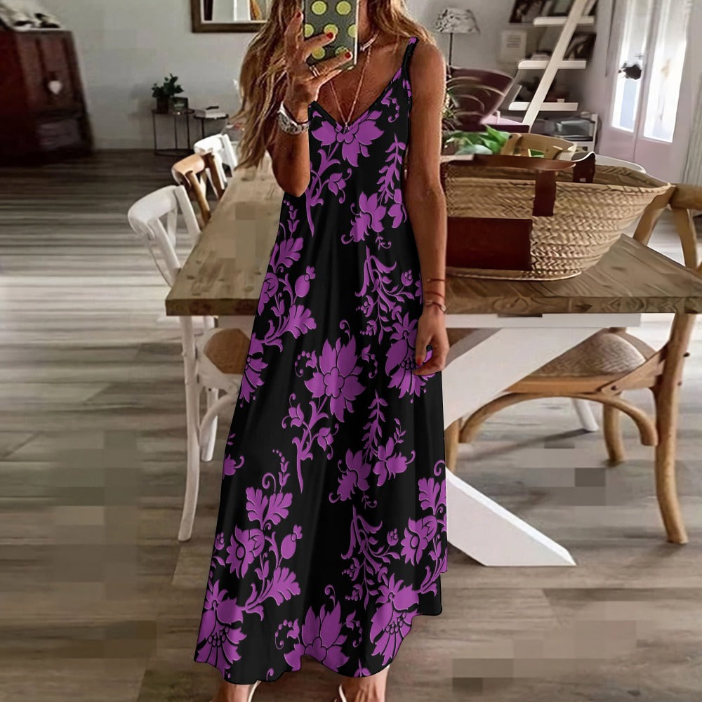 Elegant Purple Floral Print Sling Ankle Long Dress for Women - Perfect for Summer Beach Parties, Weddings & Boho Fashion