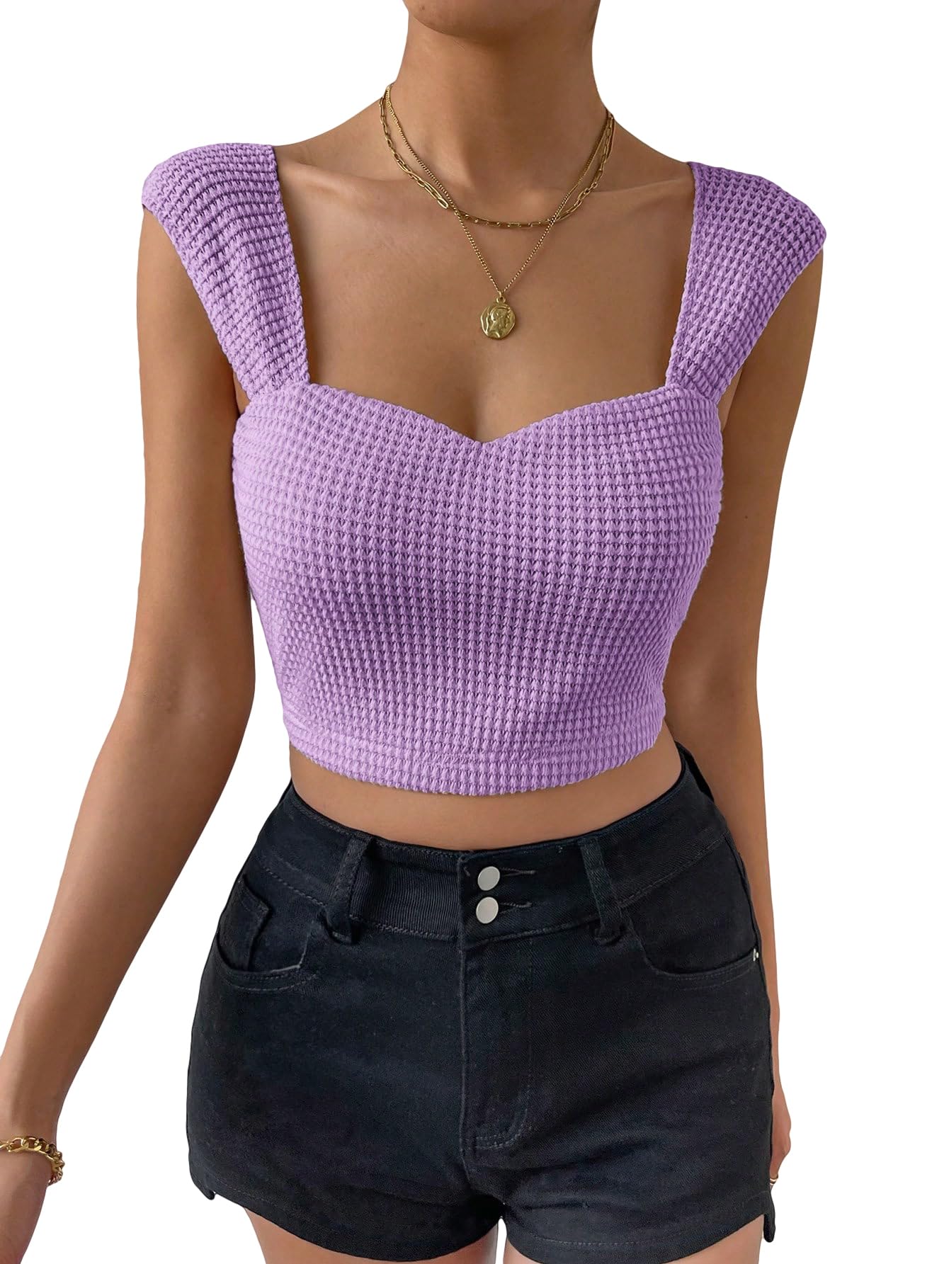 MakeMeChic Women's Waffle Knit Sleeveless Summer Tank Top - Sweetheart Neck Crop Cami Shirt for Casual Wear | Slim Fit Breathable Blouse for Beach, Vacation & Everyday Outfits