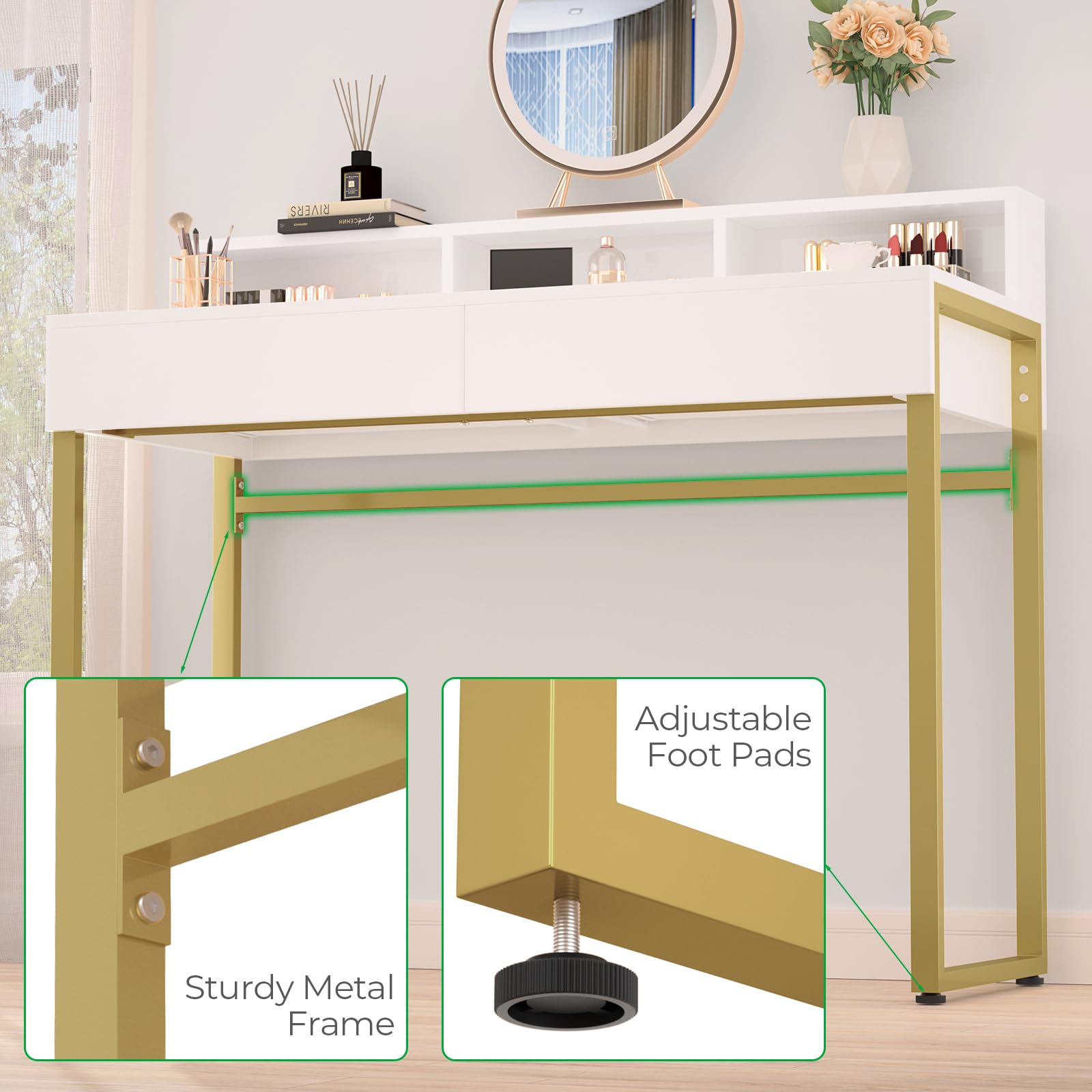 Modern White Vanity Desk with Drawers & Gold Legs for Bedroom & Home Office