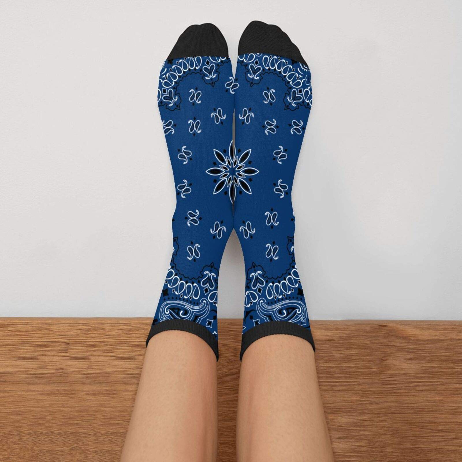 Black Border Blue Paisley Crew Socks - Mid Calf Dress Socks for Men & Women - Comfortable Casual Long Tube Socks for Boys & Girls - Perfect for Office, School & Everyday Wear