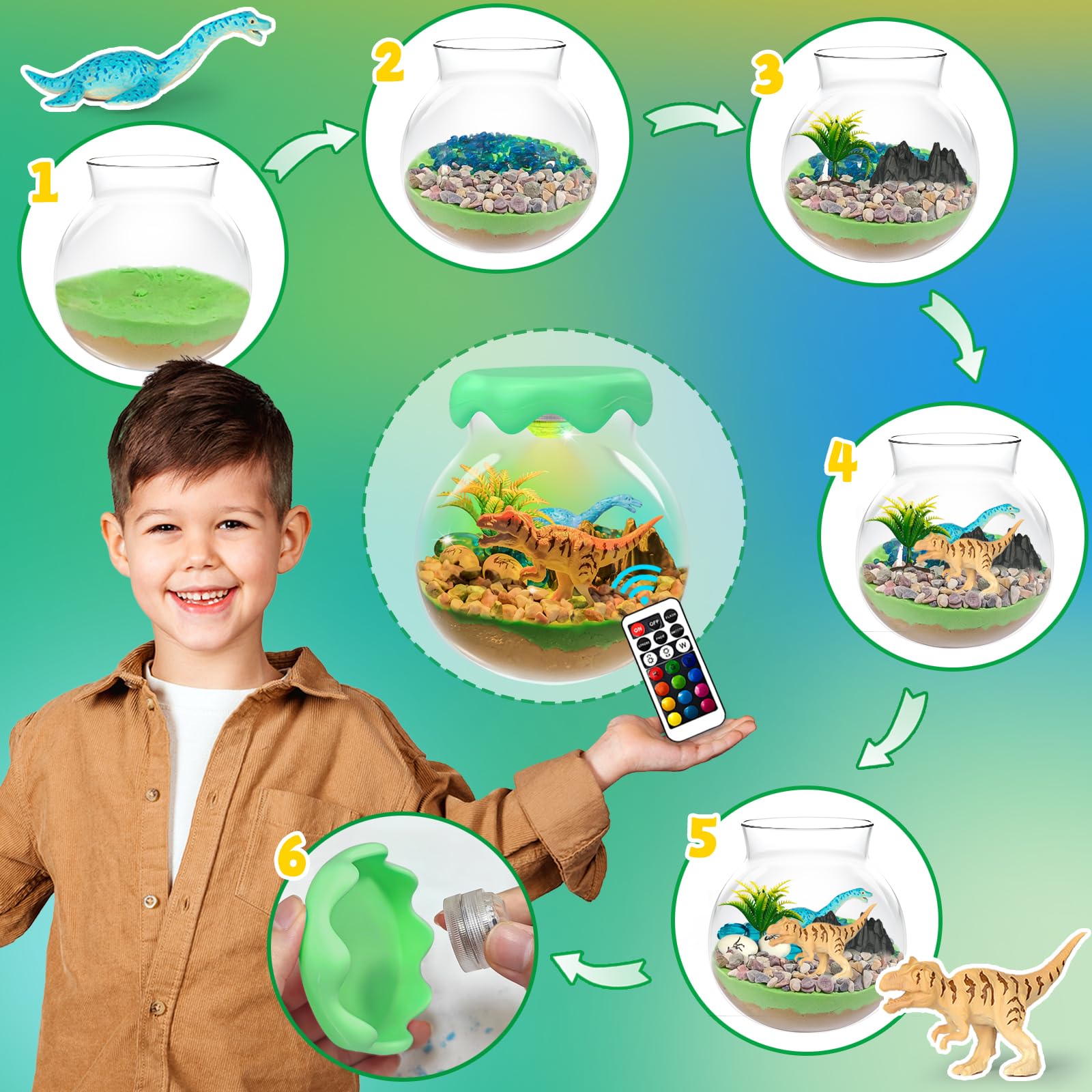 ADLKGG DIY Dinosaur Terrarium Kit for Kids - Creative Night Light Arts and Crafts Kit for Boys & Girls Ages 8-12, Fun Dinosaur Toys & Birthday Gifts - Perfect for Bedroom Decor, Science Projects, and Party Favors