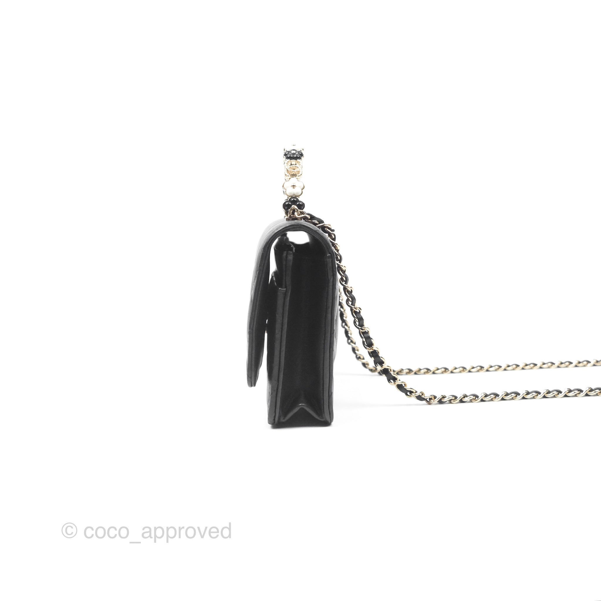 Chanel Camellia Handle WOC with Chain Black Lambskin 23K Gold-Tone Hardware Crossbody Bag - Perfect for Evening Events & Luxury Fashion Accessories