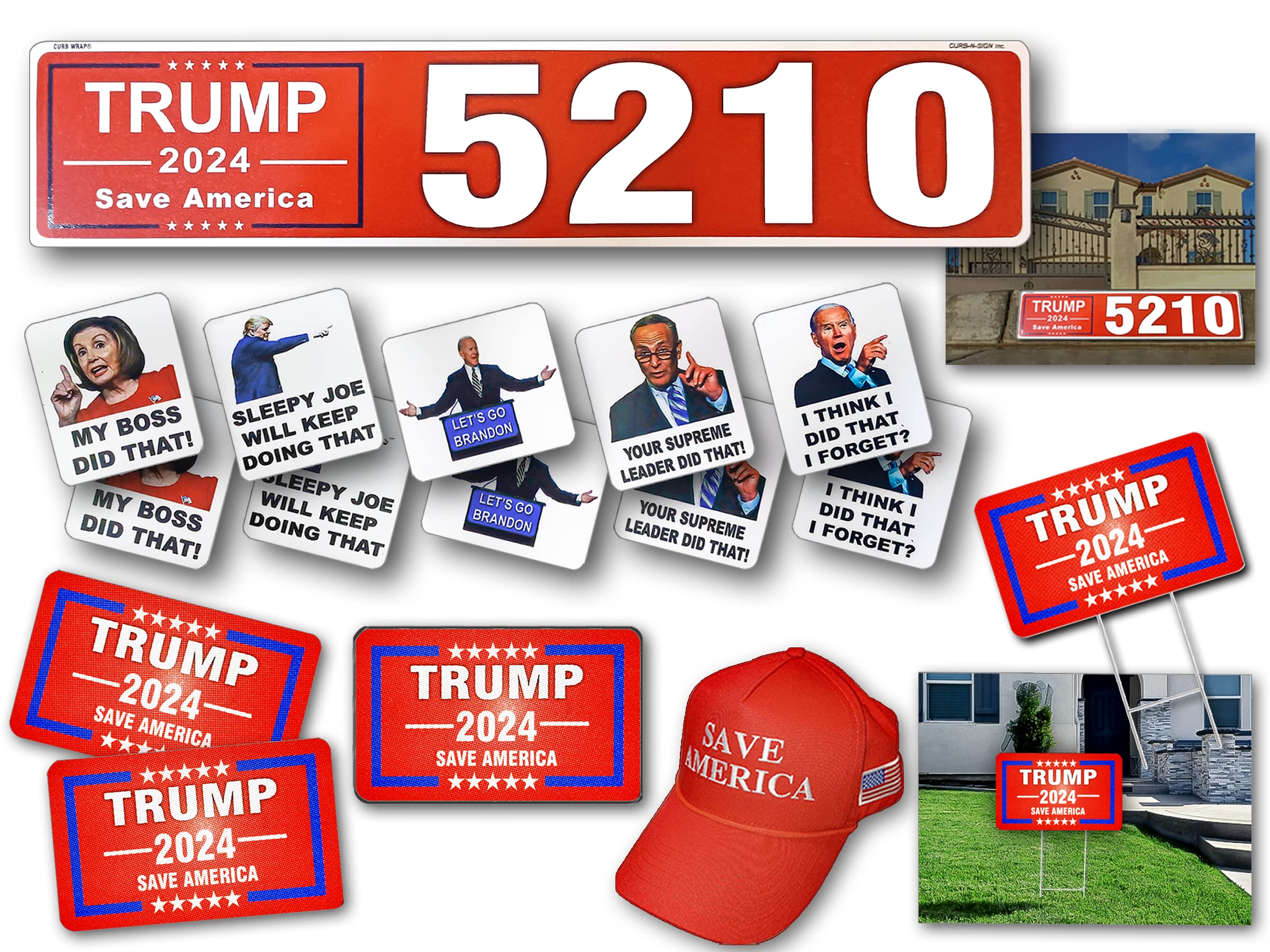 Trump Box 2024 - 16 Piece Patriotic Merchandise Set | Save America Hat, 'I Did That' Gas Pump Stickers, Curb Wrap, Bumper Stickers, Magnet & Yard Sign | Made in USA | Perfect for Political Campaigns, Supporters & Conservative Events