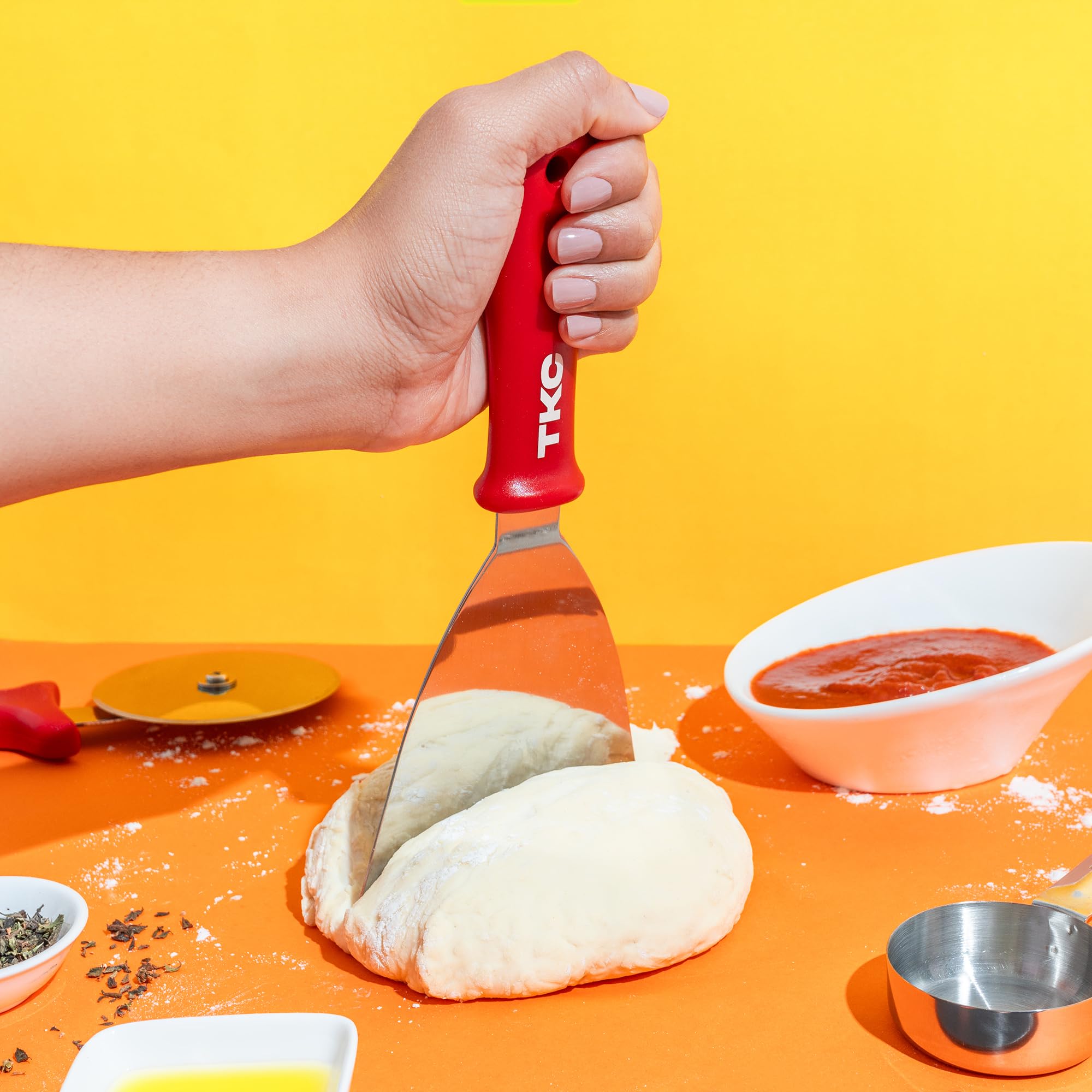 TKC 14 Inch XL Perforated Pizza Peel & 9 Inch Turning Peel Set with Dough Cutter, Pizza Wheel & Sauce Ladle - Commercial Grade Pizza Spatula for Home Kitchen & Professional Pizzeria Use