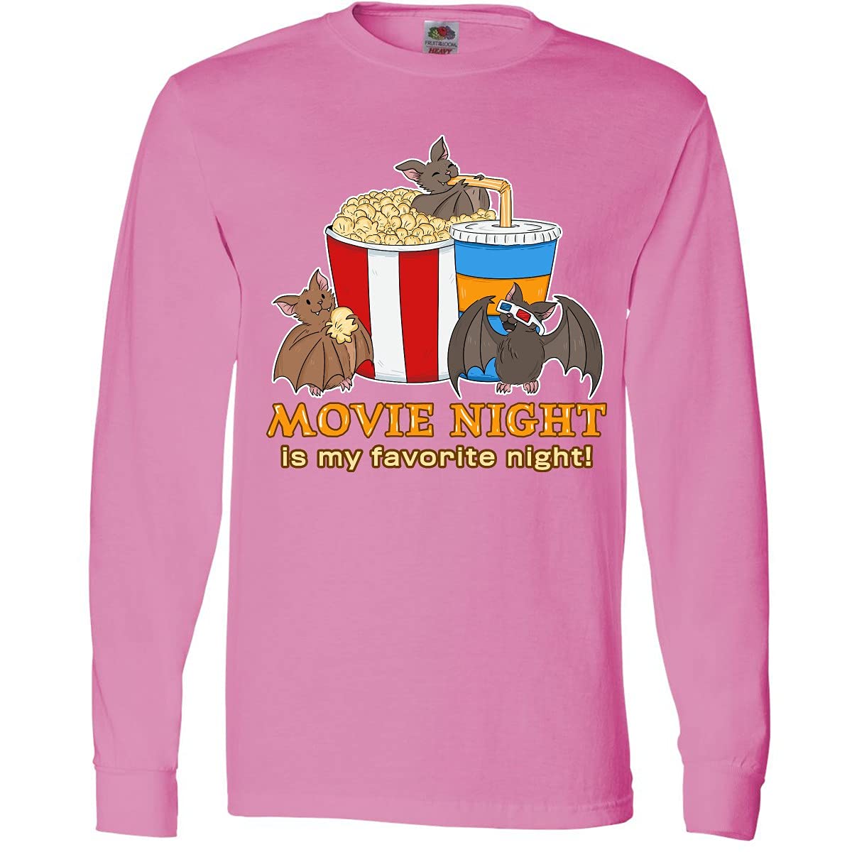 Inktastic Movie Night is My Favorite Night Bats with Popcorn Long Sleeve T-Shirt | Comfortable Graphic Tee for Cinema Lovers & Halloween Fans | Perfect for Movie Nights, Halloween Parties & Casual Wear