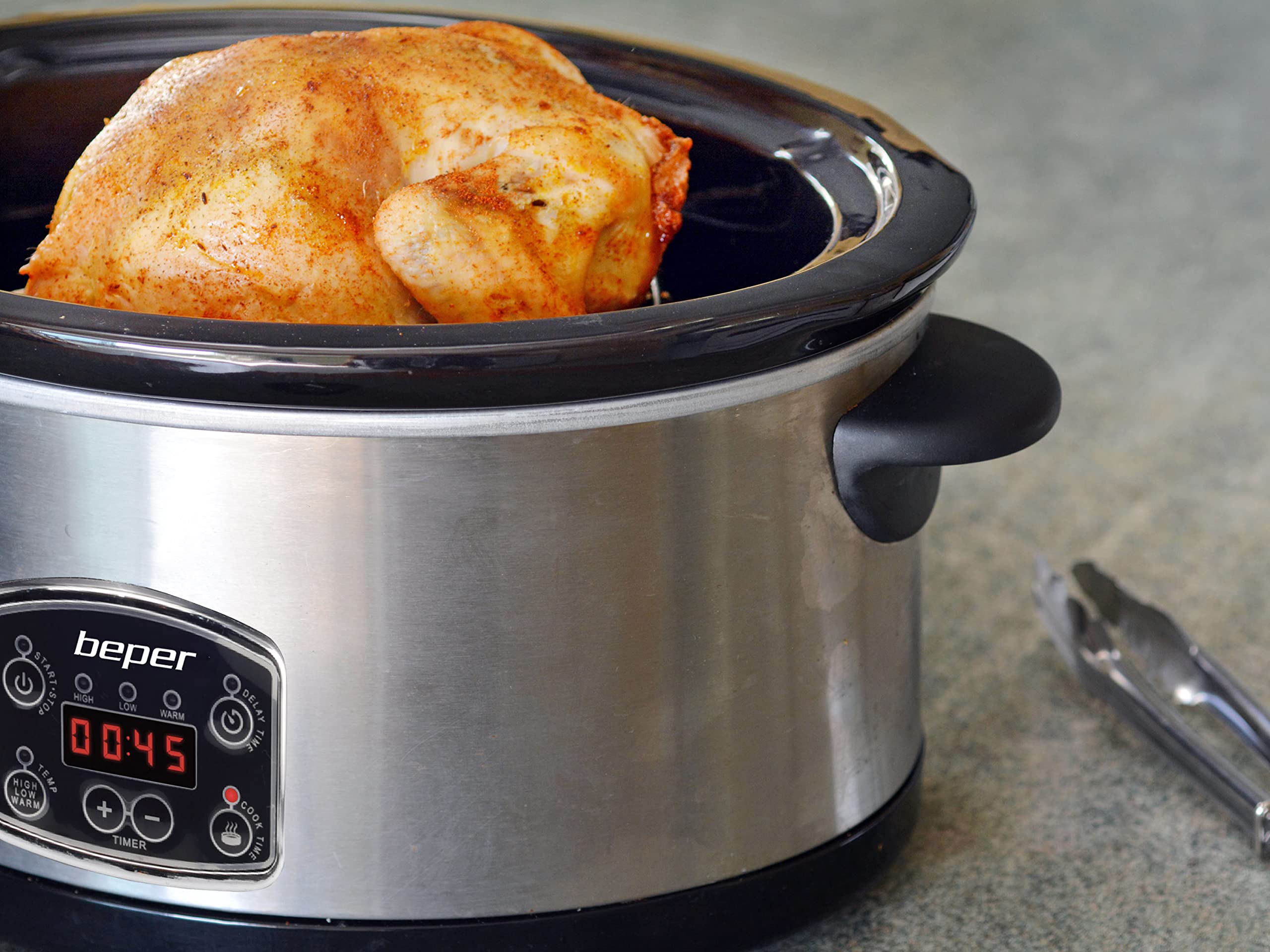 BEPER BC.510 Digital Slow Cooker with Removable Pot - 4.5L Stainless Steel, 3 Cooking Settings & Programmable Timer - Dishwasher Safe - Perfect for Soups, Stews & Family Meals