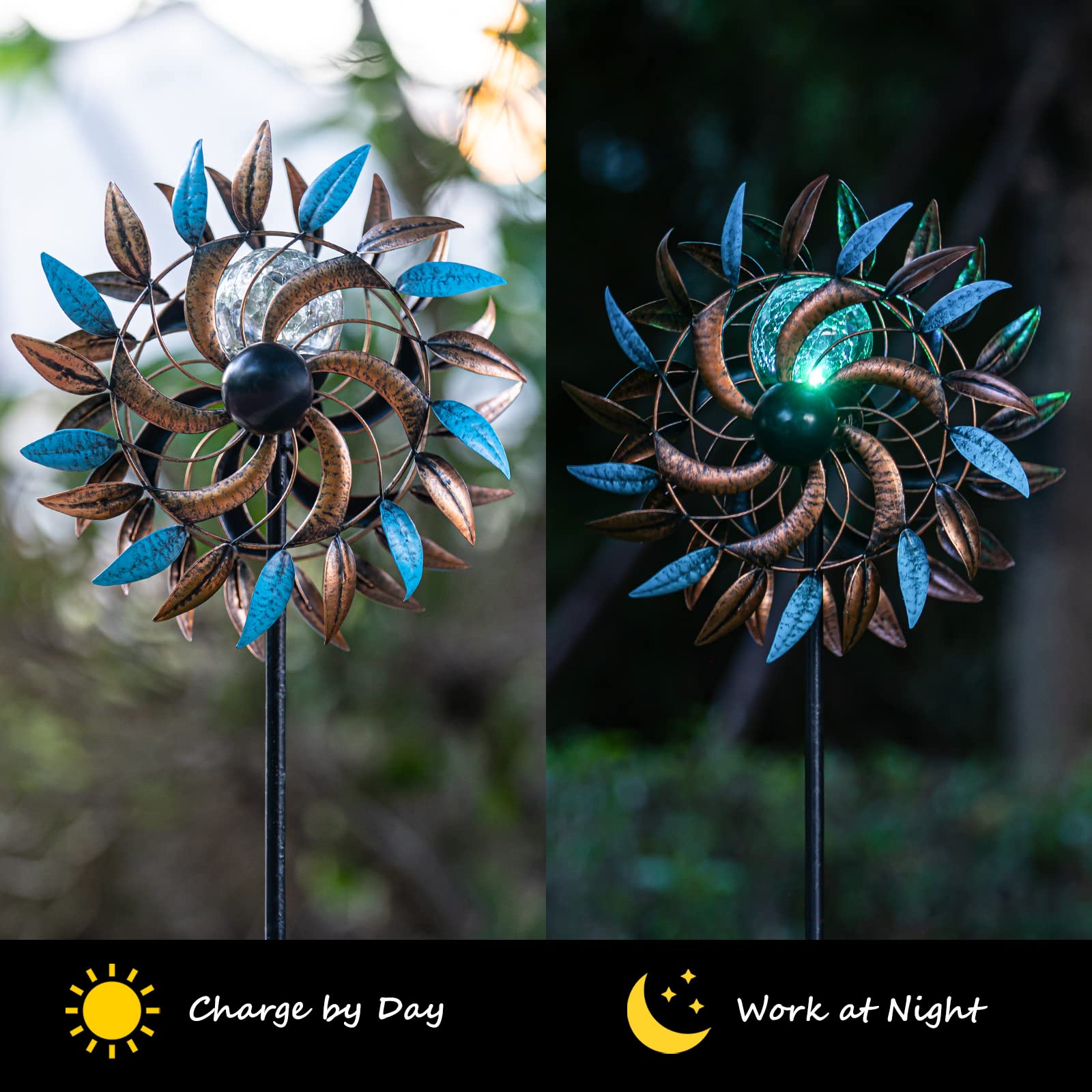 Solar Powered Metal Stake Yard Spinners - Color Changing LED Glass Ball Wind Spinner for Outdoor Garden & Lawn Decor | Weatherproof Solar Garden Spinner with Light for Patio, Yard, Backyard, and Landscape Decoration
