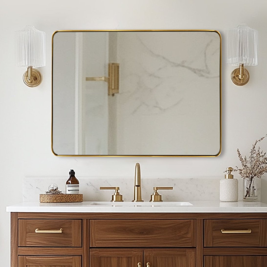 Modern Metal Rectangular Bathroom Wall Mirror - Horizontal or Vertical Hanging - Perfect for Vanity, Powder Room & Small Space Decor