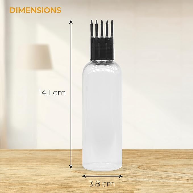 MeeTo 100ml Clear Cylindrical Hair Root Comb Applicator Bottle with Flip Top Cap - Perfect for Hair Oil, Shampoo, Medicine & Dye Application | Great for Salon, Home Hair Care & DIY Beauty Treatments