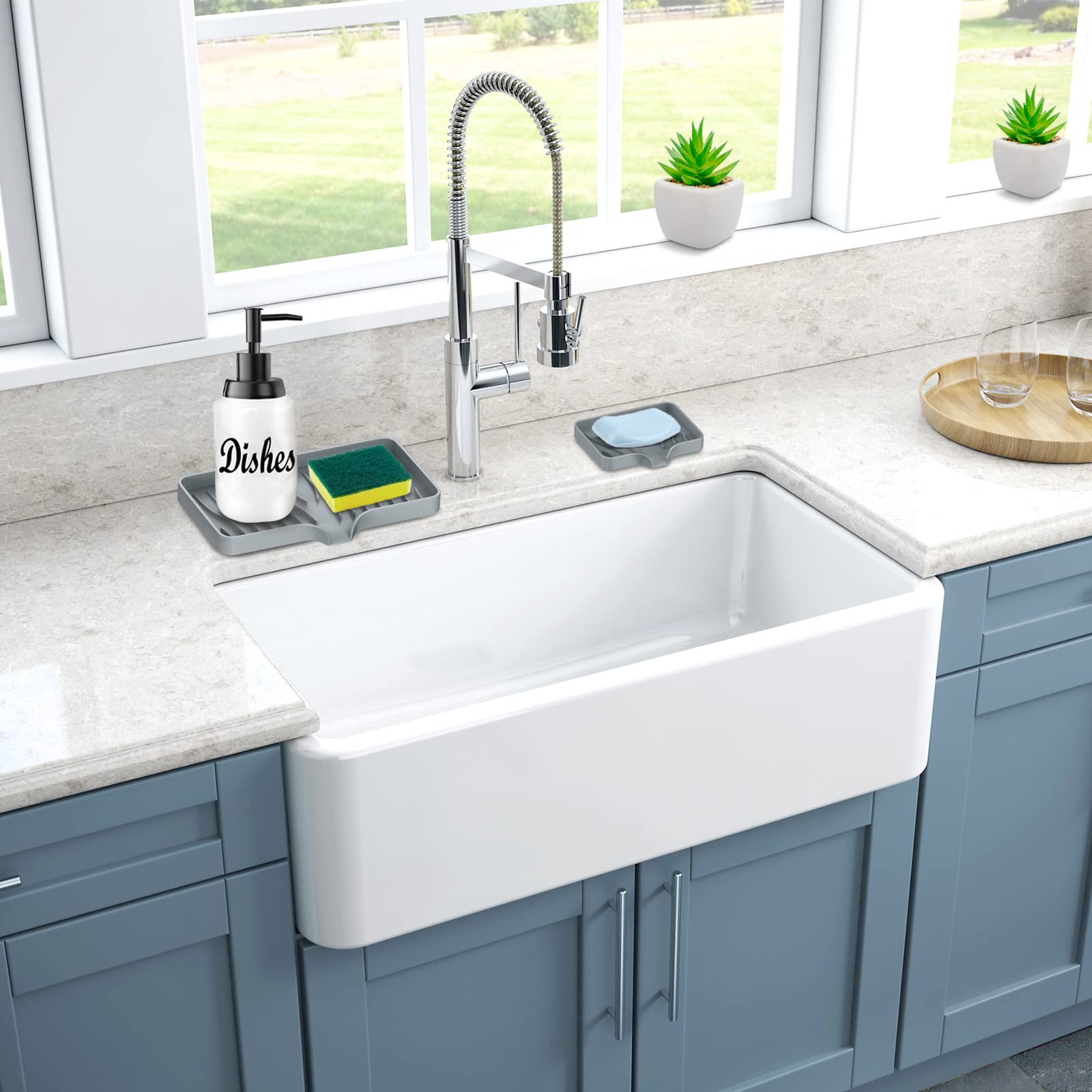 Self Draining Silicone Kitchen Sink Tray - Soap Holder & Sponge Organizer for Bathroom & Kitchen Sink - Perfect for Soap Dispenser, Dish Scrubber & Palm Brush - Keeps Sink Area Clean & Organized