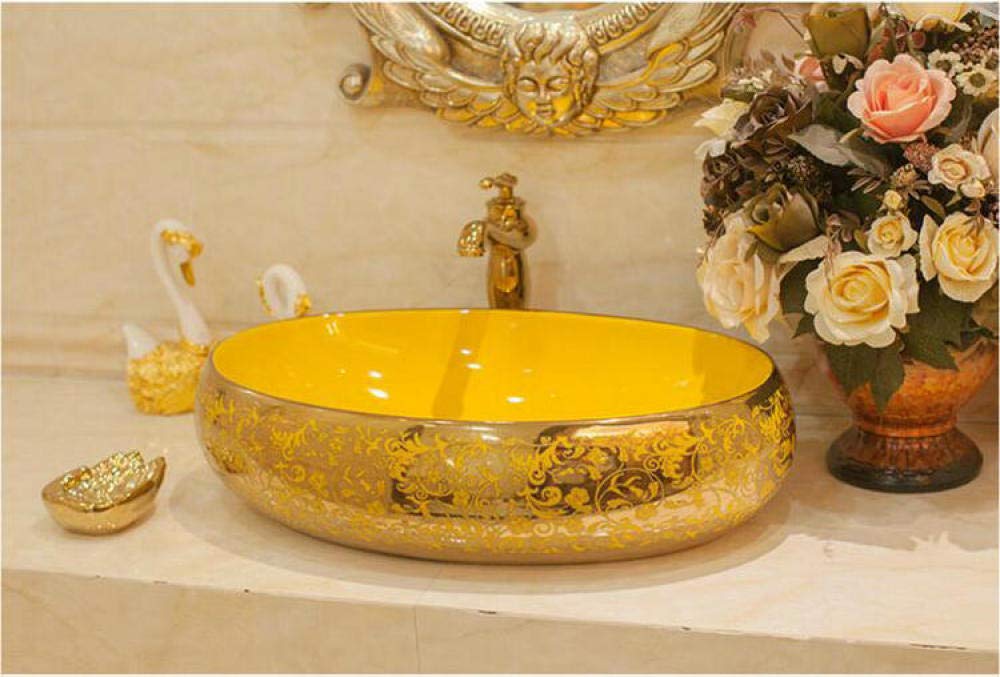 Luxury Golden Floral Oval Porcelain Vessel Sink for Bathroom - Modern Countertop Basin with Elegant Design | Perfect for Master Bath, Powder Room, and Guest Bathroom Upgrades