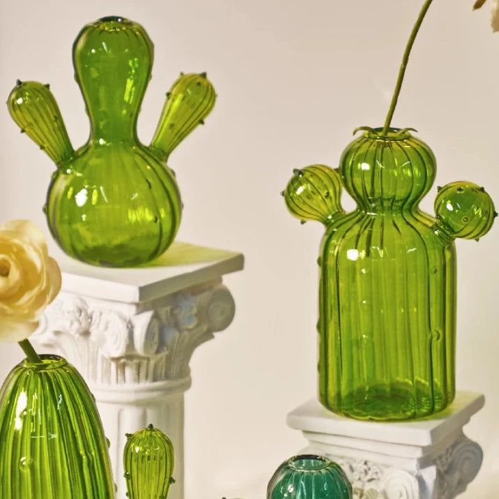 Green Cactus Glass Accent & Vase - Elegant Home Decor for Living Room, Office, or Wedding Centerpiece
