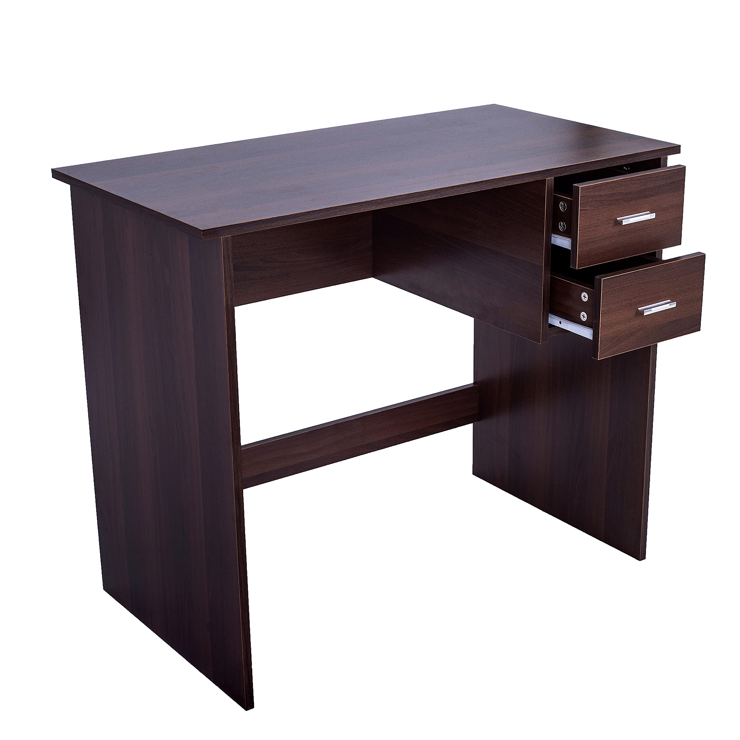 Beyamis Study Writing Computer Desk with 2 Pull Out Storage Drawers - Modern Simple Style Home Office Desk, Sturdy Workstation for Small Spaces in Walnut Finish | Perfect for Remote Work, Online Classes & Compact Home Offices