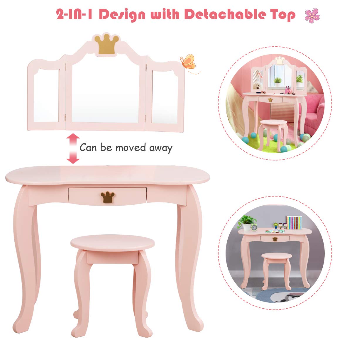 Costzon Kids Vanity Table and Chair Set - Pink Princess Makeup Dressing Table with Drawer, Tri-Folding Mirror & Detachable Top | 2-in-1 Pretend Play Beauty Vanity Set for Girls | Perfect for Birthday Gifts, Bedroom Decor & Role Play Activities
