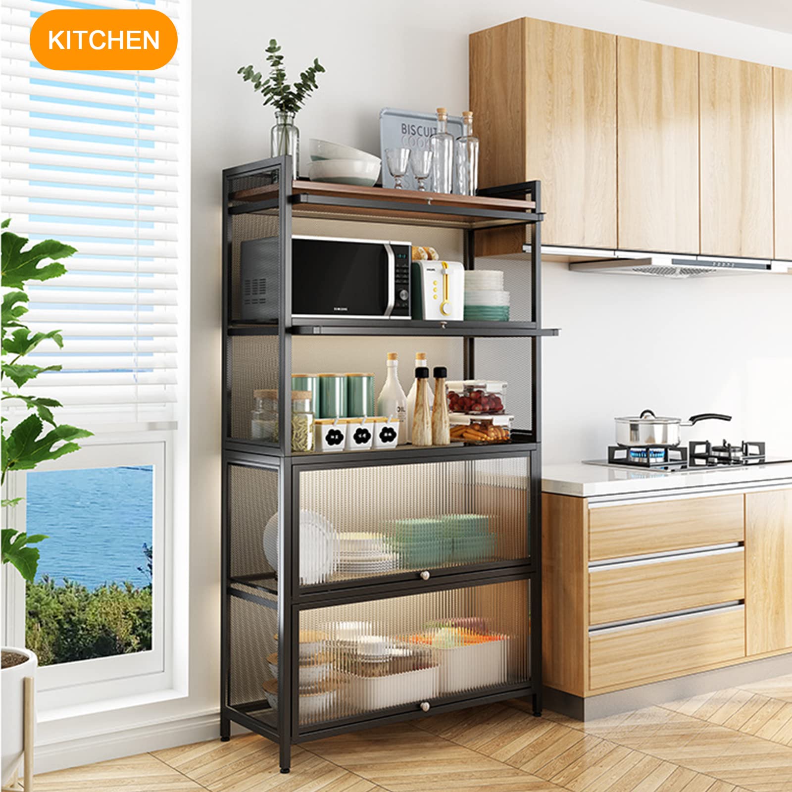 5-Tier Black Kitchen Storage Shelf - WOQLIBE Bread Rack, Coffee Station & Microwave Organizer for Dishes, Wine, Pots & Pans with 4 Hooks | Space-Saving Solution for Small Kitchens & Pantries