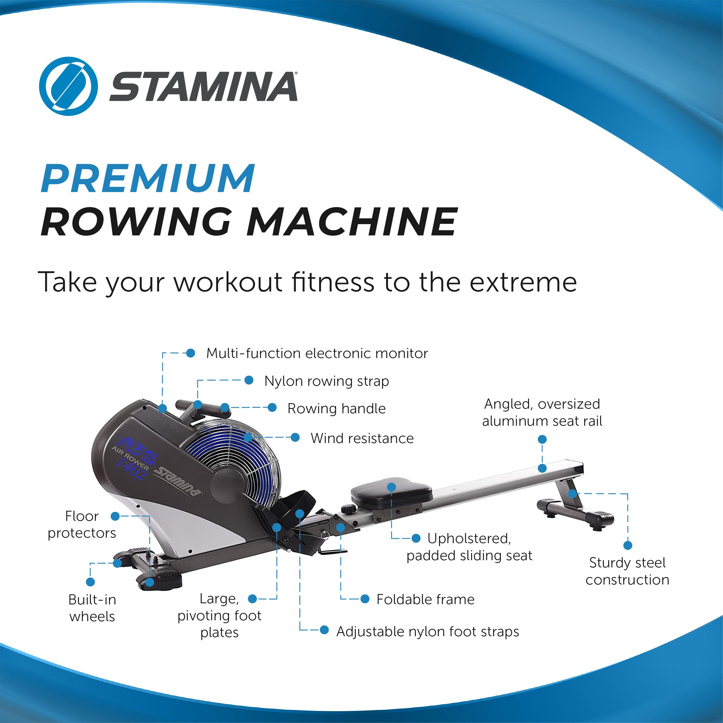 Stamina ATS Air Rower - Foldable Rowing Machine for Home Gym with Smart Workout App | No Subscription Required | Perfect for Cardio Training & Full Body Workouts at Home