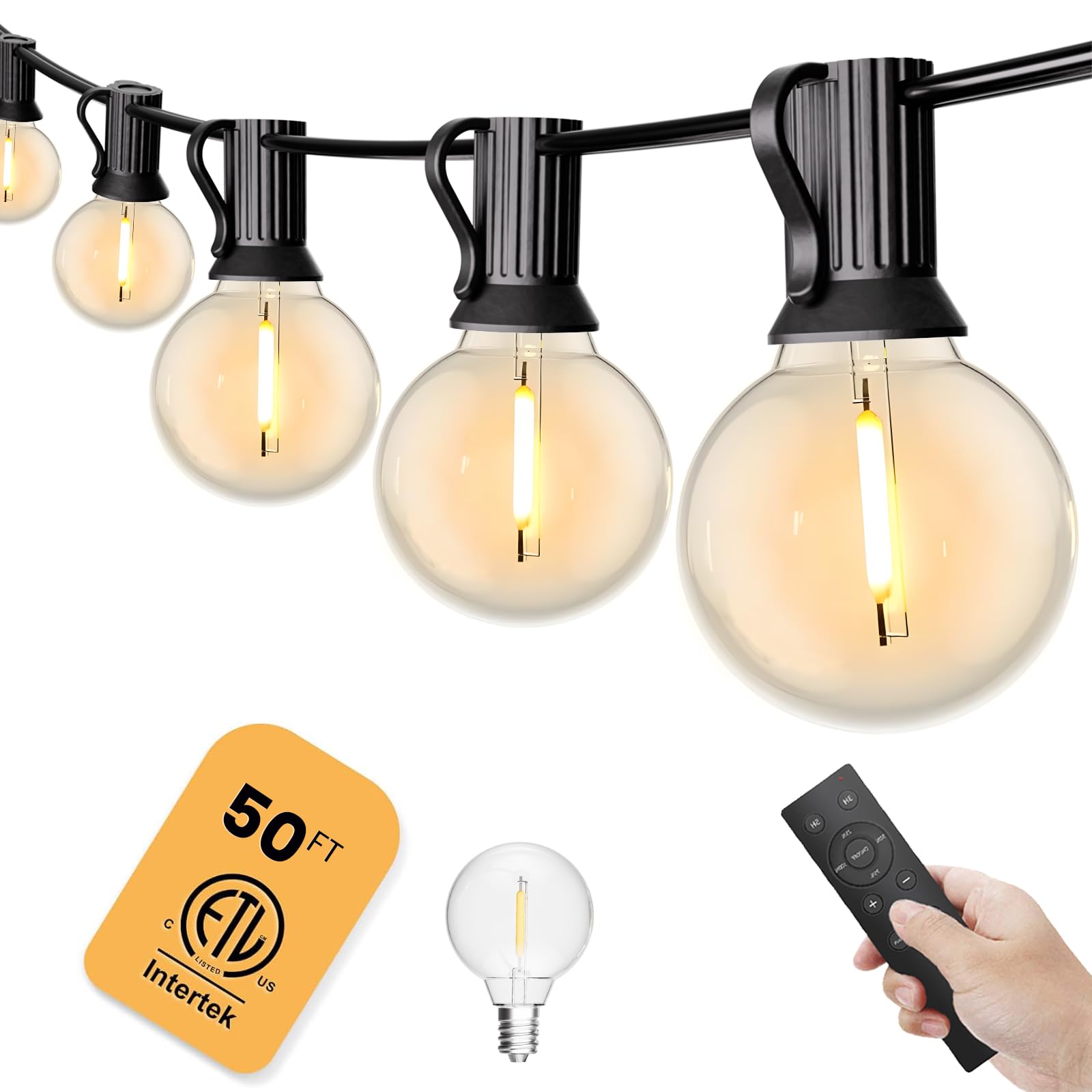 Yuusei 50 Ft Outdoor String Lights with Remote - 25+1 Shatterproof G40 LED Bulbs, IP45 Waterproof, Warm White - Perfect for Patio, Backyard, Bistro, Cafe, Market, Garden Party & Wedding Decor