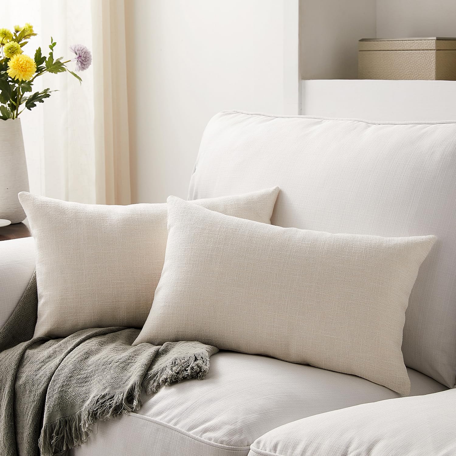 Meekio Set of 2 Ivory Linen Pillow Covers 12x20 Inch - Farmhouse Boho Decorative Throw Pillow Covers for Sofa, Couch, Bed & Home Decor - Soft Cushion Covers Perfect for Living Room, Bedroom & Cozy Spaces
