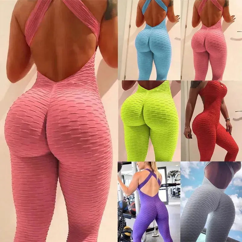 Sexy Backless Jumpsuits for Women - Solid Color Push Up Yoga Outfits, Elastic Seamless Jacquard Bubble Gym Wear | Perfect for Yoga, Workouts & Fitness Training
