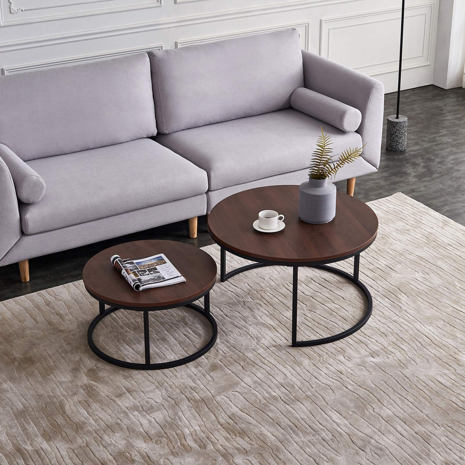 2-Piece Modern Round Coffee Table Set with Wooden Top & Metal Legs - Stylish Sofa Side Table for Living Room, Bedroom, or Office - Black/Brown Home Decor End Tables - Perfect for Coffee, Tea, or Displaying Decor