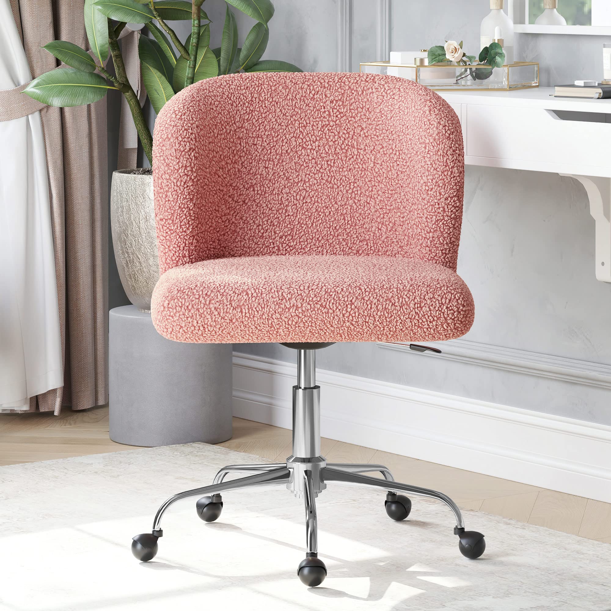 BELLEZE Modern Upholstered Boucle Swivel Office Chair with Adjustable Height - Pink Rolling Desk Chair for Home Office, Gaming, Study & Vanity | Stylish Comfortable Work Chair with Wheels