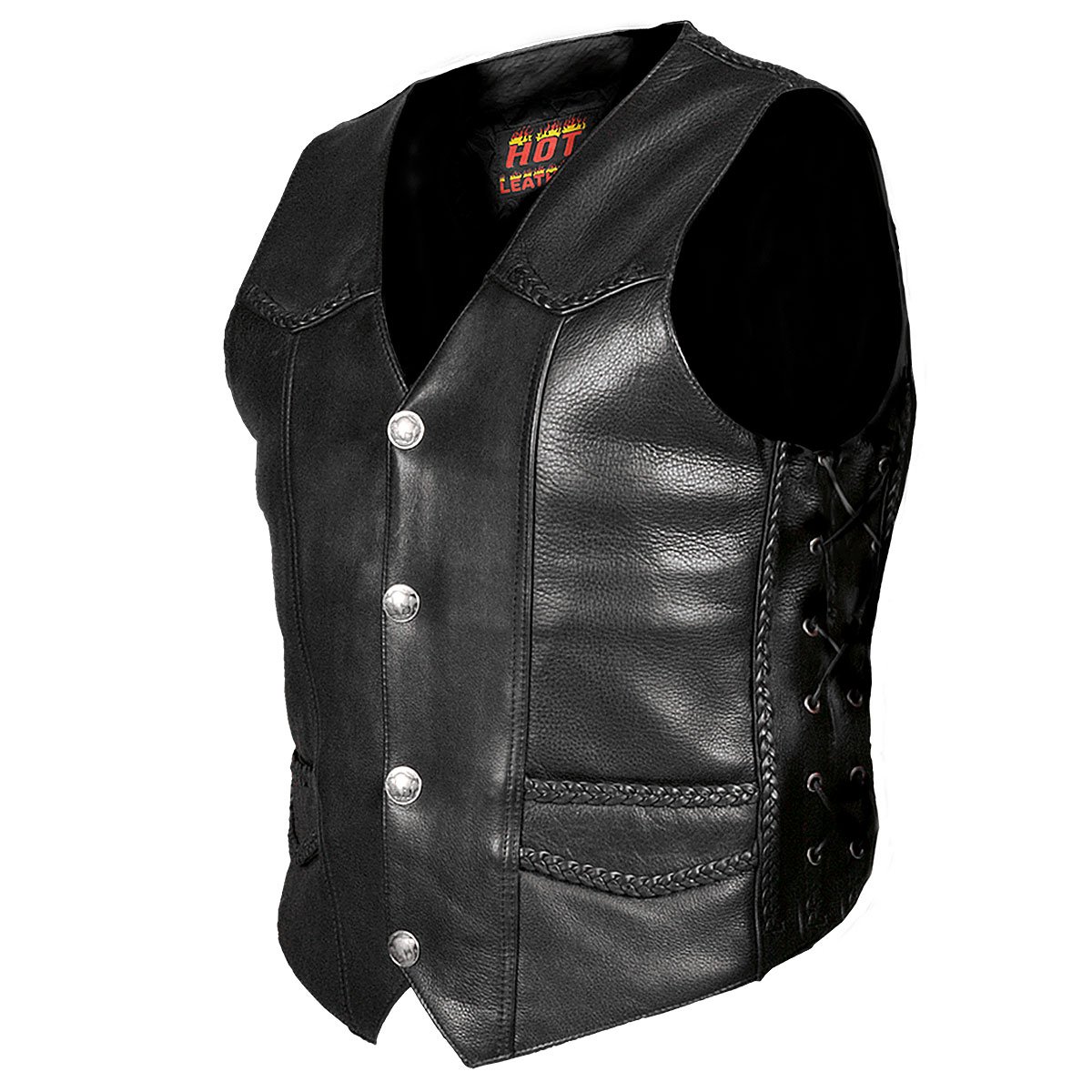 Hot Leathers Black Heavy Weight Leather Vest with Braided Detail - Premium Biker Jacket for Men, Motorcycle Riding, Outdoor Adventure & Casual Wear