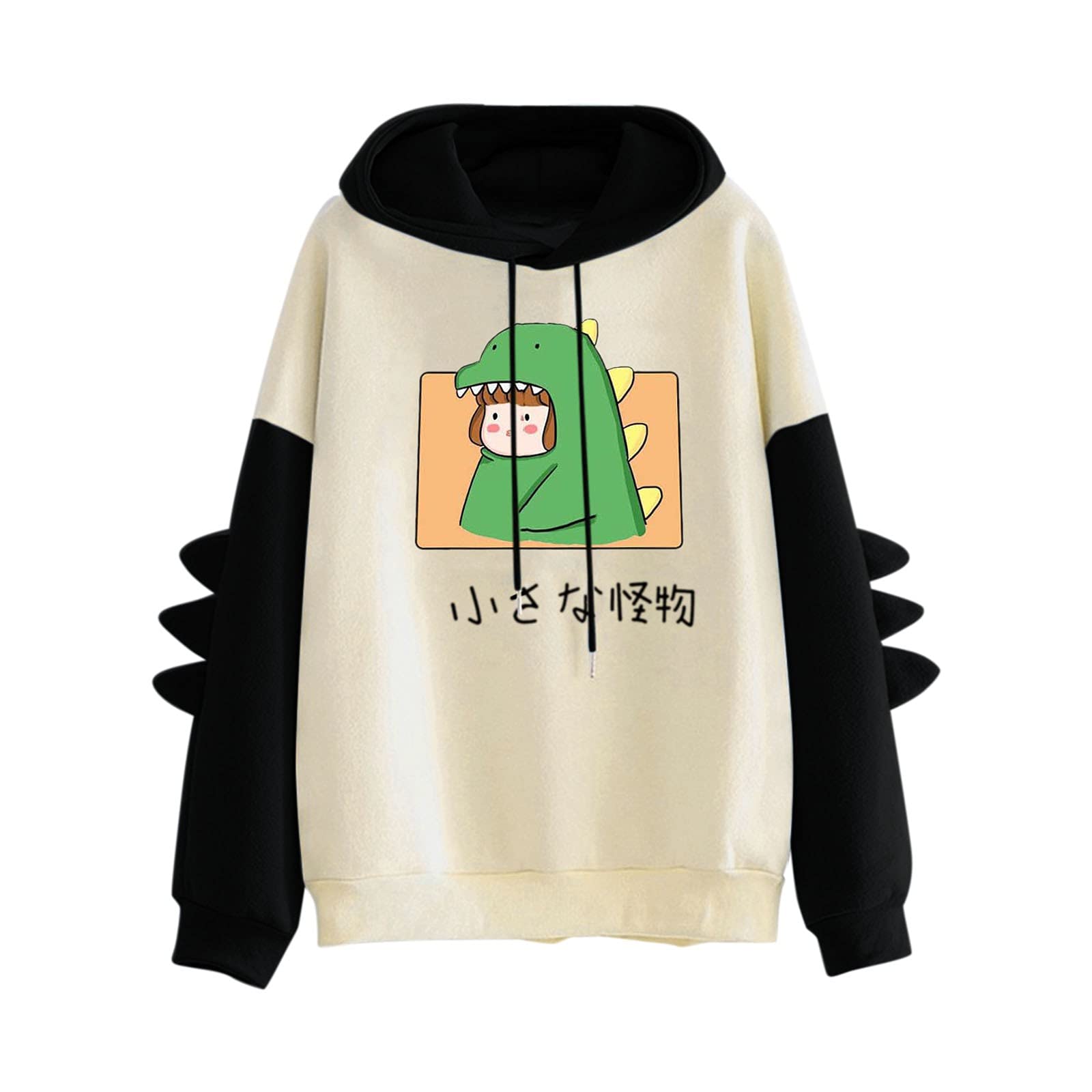 Women's Dinosaur Print Fleece Hoodie - Winter Warm Long Sleeve Pullover with Stitching Detail | Cozy Casual Wear for Outdoors, Lounge & Street Style