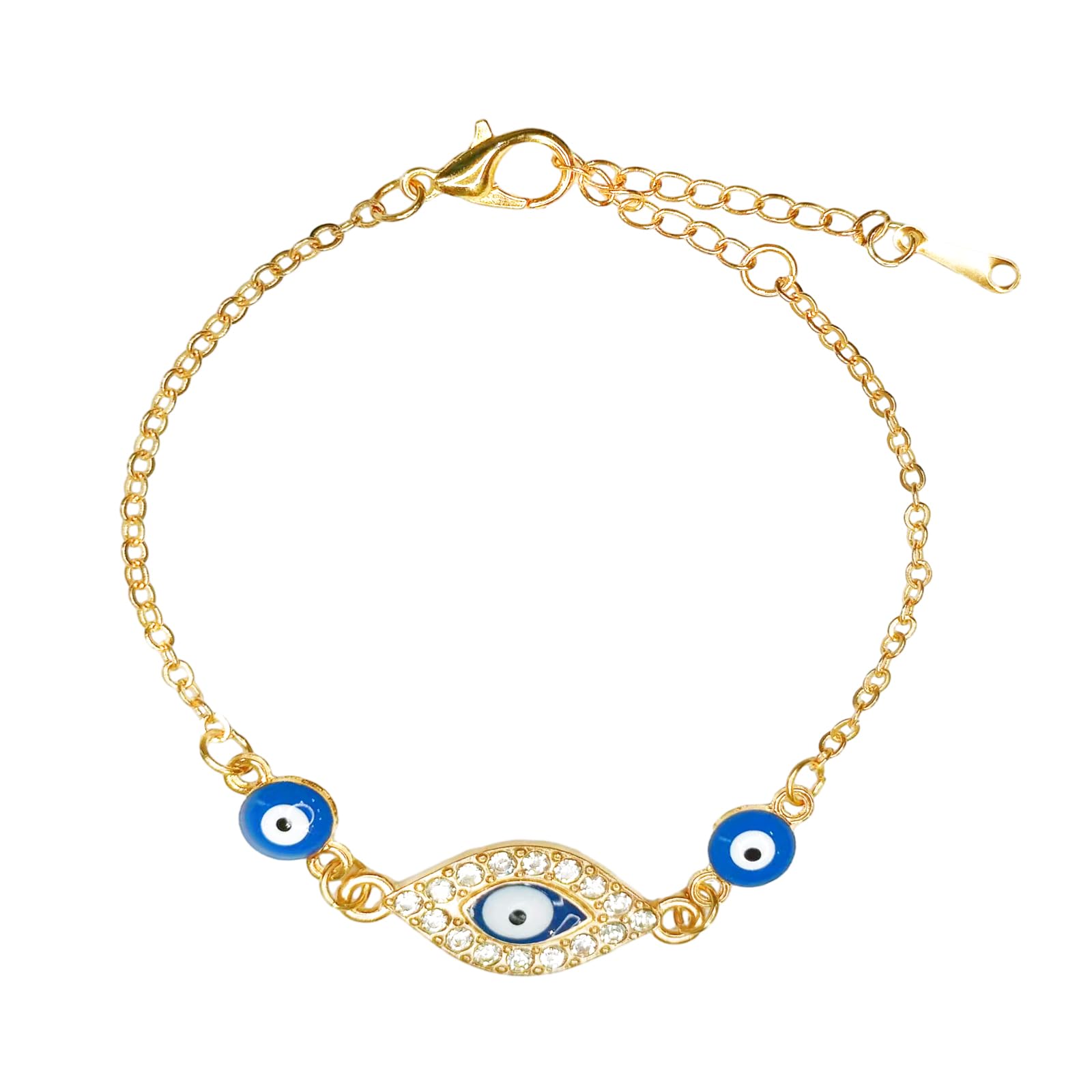 14K Gold Evil Eye Bracelet for Women - Adjustable Dainty Protection Bracelet with Sparkling Blue Rhinestones, Brings Luck & Prosperity | Perfect for Gifts, Daily Wear & Spiritual Protection
