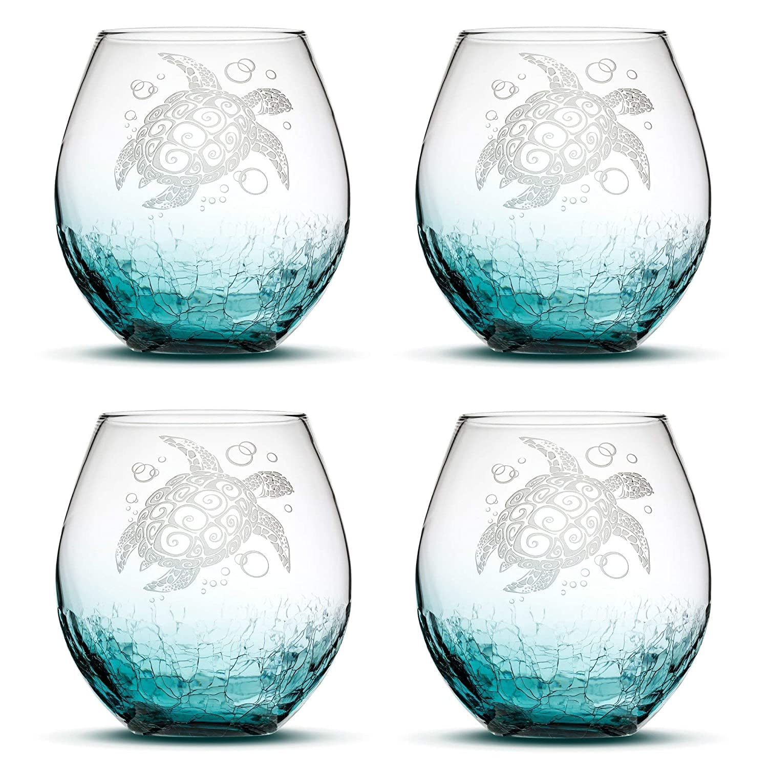 **Handblown Tribal Sea Turtle Stemless Wine Glasses (Set of 4) - 18oz Crackle Teal, Sand Carved & Hand Etched - Perfect for Beach Parties, Tropical Themed Weddings & Unique Housewarming Gifts**