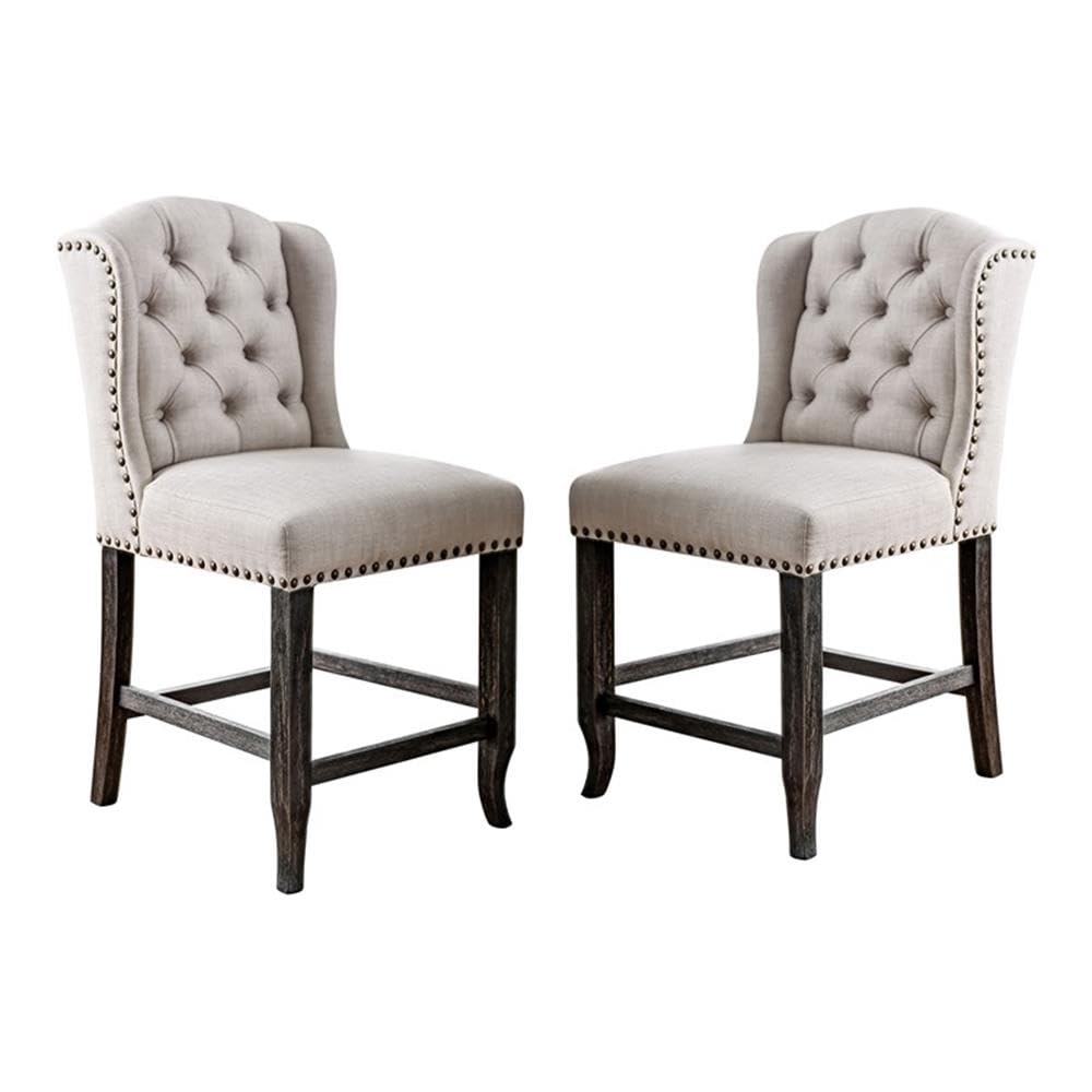 Furniture of America Sinuata Fabric Beige Wingback Counter Chair Set of 2 - Stylish Bar Stools for Kitchen Island, Breakfast Nook & Home Decor