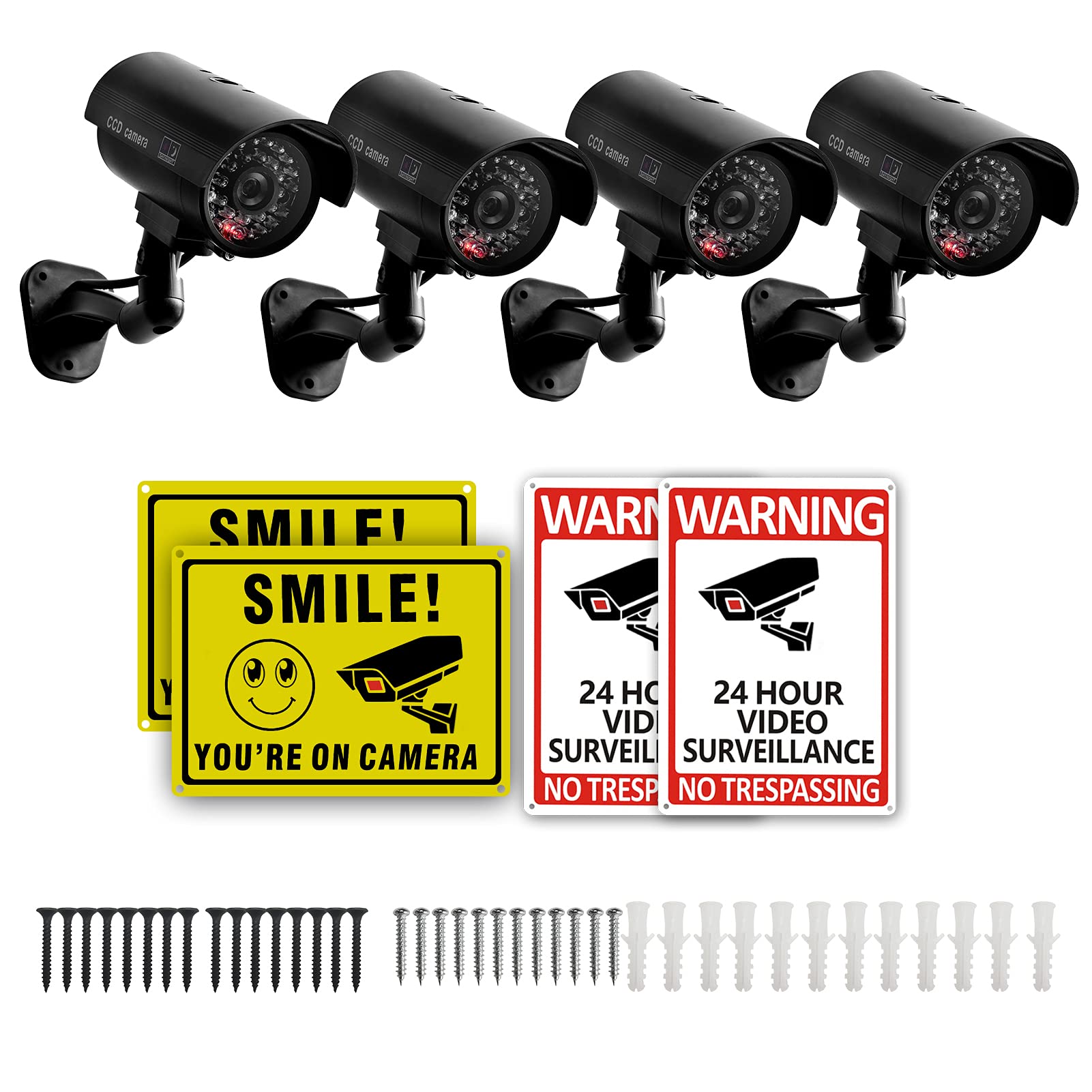 **4 Pack Fake Security Camera with No Trespassing Signs - Dummy Surveillance Camera with Realistic LED Red Light & Warning Stickers - Indoor/Outdoor Use for Home, Yard, Garage, Office (Set of 8)**