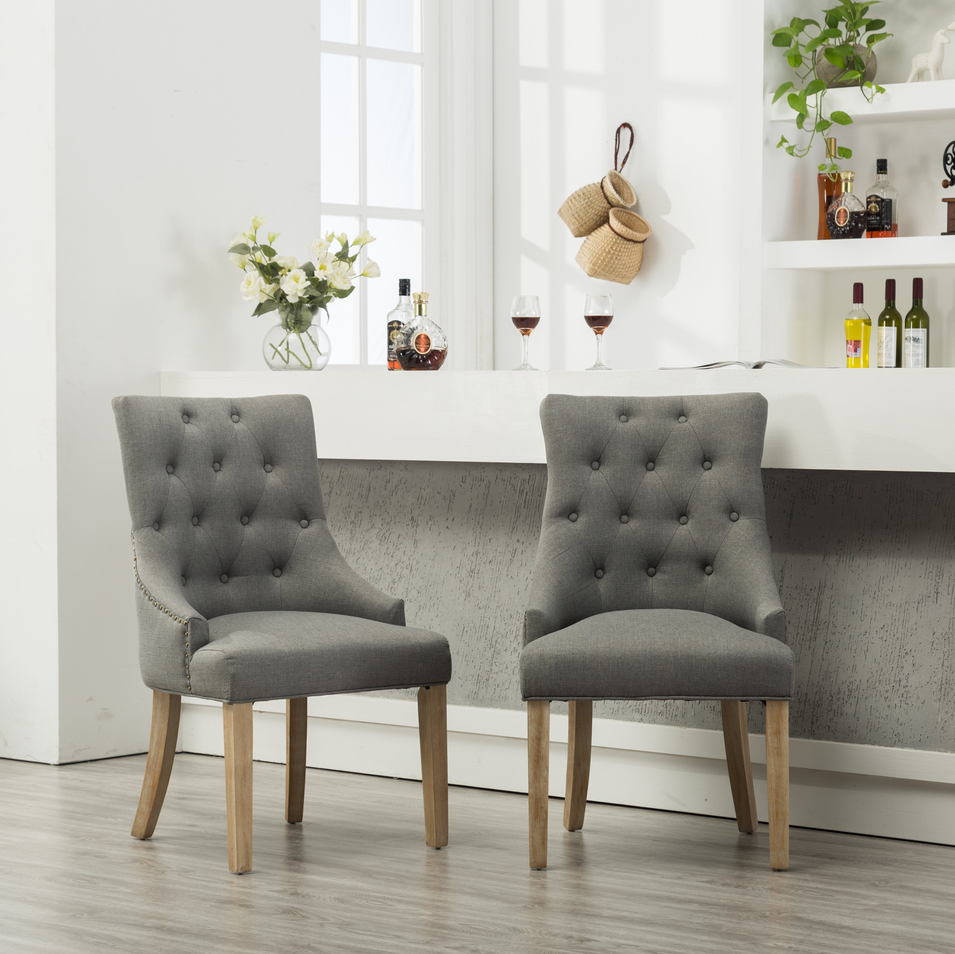 Roundhill Furniture Solid Wood Wingback Hostess Chairs with Button Tufted Upholstery & Nailhead Trim - Set of 2, Grey - Perfect for Dining Room, Living Room or Home Office Decor