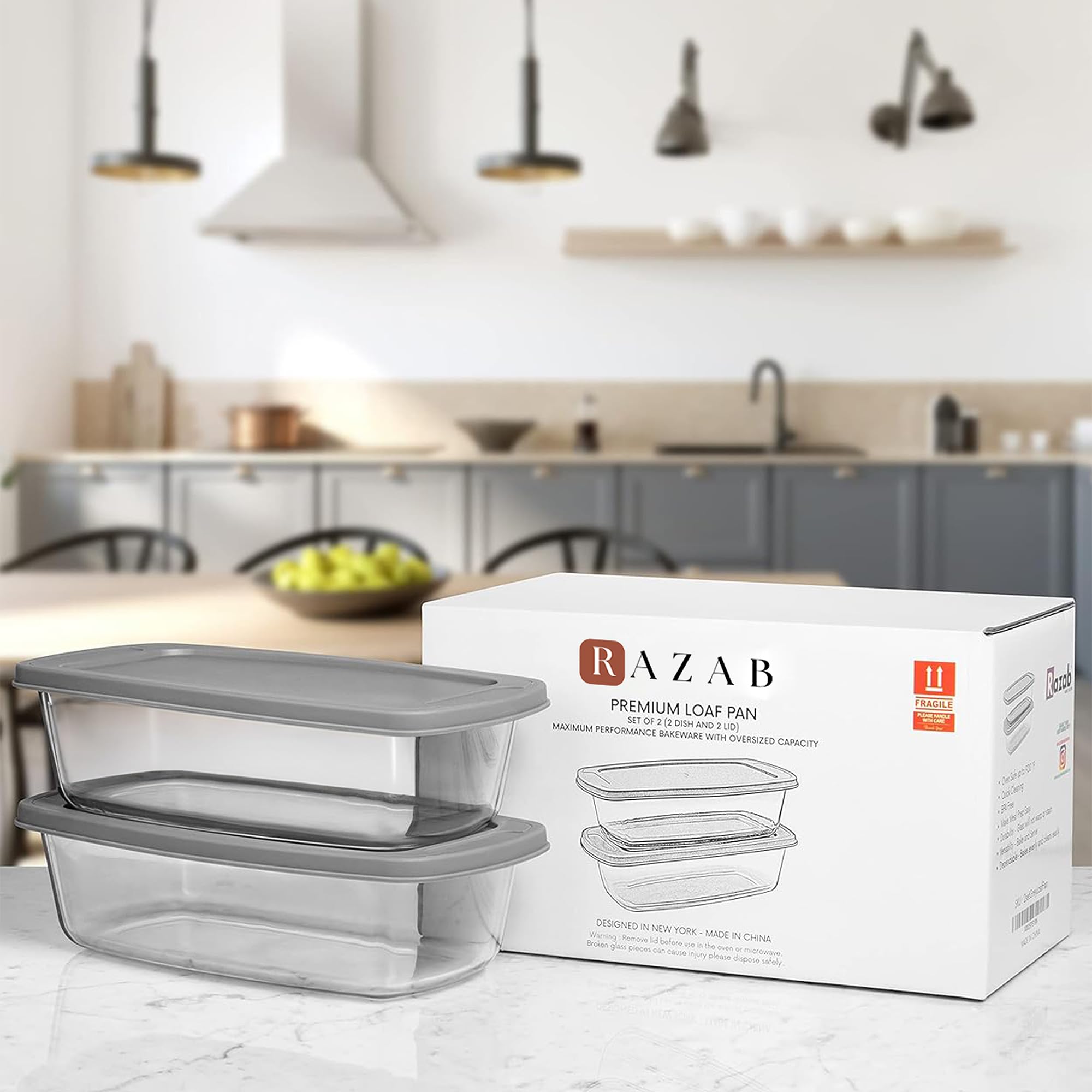 Razab 7.6 Cups Glass Loaf Pan with Lids (Set of 2) - 1800ml BPA Free Baking Dish for Bread, Meatloaf & Cakes - Microwave & Oven Safe with Airtight Lids & Grip Handle - Perfect for Home Baking, Meal Prep & Storage