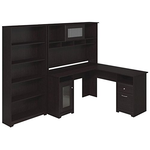 Pemberly Row 60 Inch L-Shaped Desk with Hutch and Bookcase in Espresso Oak - Perfect for Home Office, Study Room & Workspace Organization
