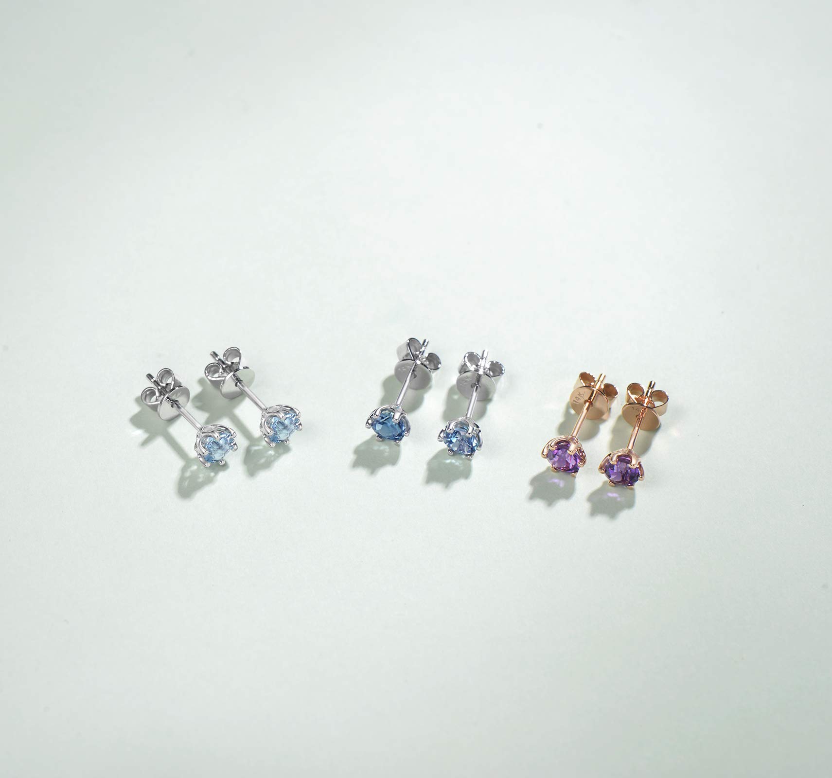14K Solid Gold Diamond Cut Genuine Aquamarine & Topaz Stud Earrings for Women - 5mm Tiny Birthstone Jewelry, Perfect Gift for Mom, Wife, Her on Anniversary, Birthday | Elegant for Everyday Wear & Special Occasions