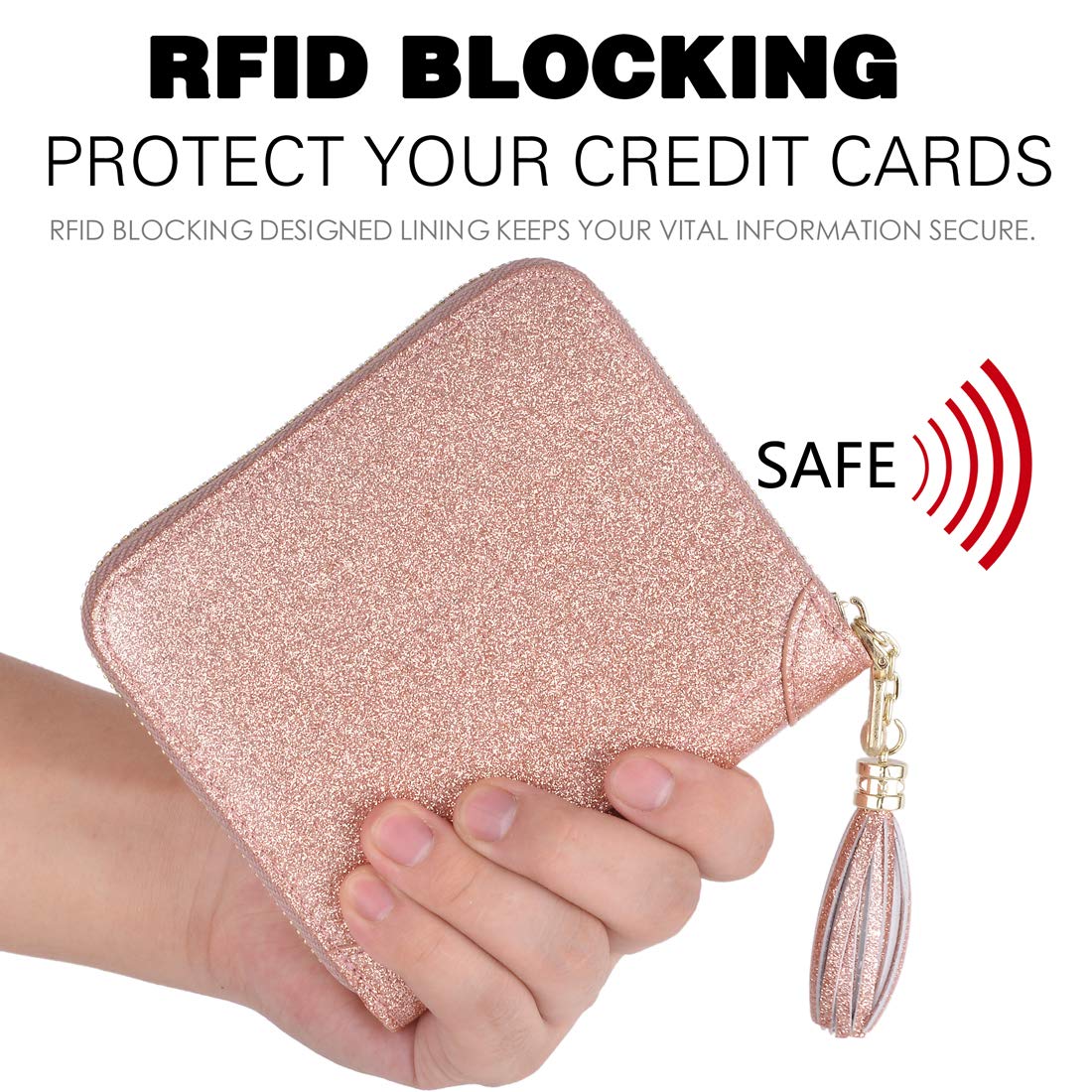 Easyoulife Women's RFID Blocking Leather Credit Card Holder Wallet with Zip Closure - Glitter Gold | Slim & Secure Card Case for Everyday Use, Travel, and Business