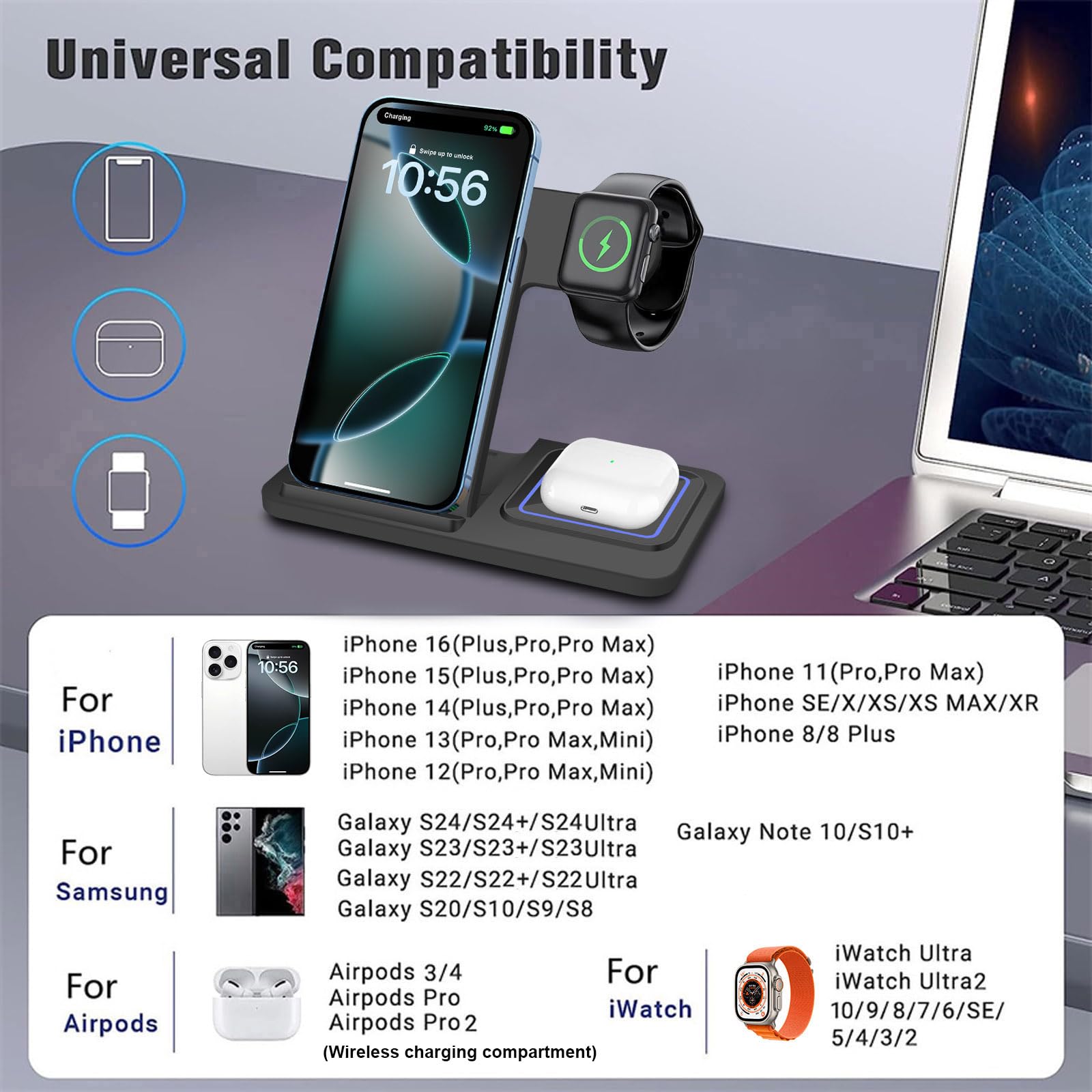 3-in-1 Wireless Charging Station Stand - 15W Fast Charger for iPhone 16/15/14/13/12/11 Pro Max, XS/XR/8 Plus, AirPods & Apple Watch Series 10-3/Ultra 2 | Multi-Device Charging Dock for Home, Office & Nightstand Use