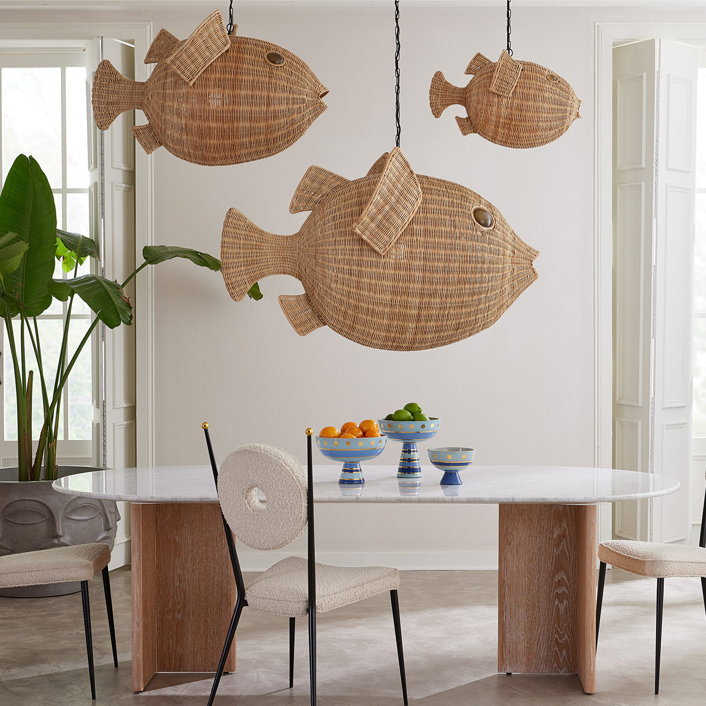 Wicker Blowfish Medium Pendant Light - Handwoven Rattan Chandelier for Coastal, Boho, or Beach House Decor - Perfect for Living Room, Bedroom, or Dining Area Lighting