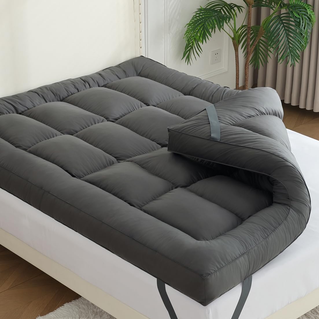5 Inch Queen Size Mattress Topper with 4 Layer Goose Feather & Shredded Foam Filling - 100% Cotton Cover, CertiPUR-US Certified, Grey (60x80) - Perfect for Back Pain Relief & Luxurious Hotel-Style Comfort