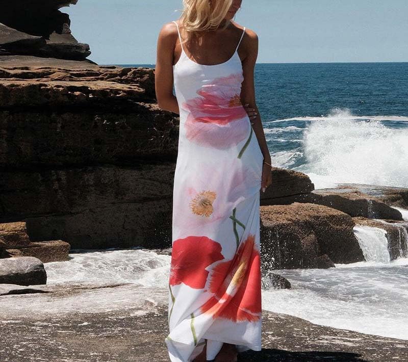 Women's Floral Maxi Dress - Square Neck Backless Long Summer Dress with Spaghetti Straps | Bodycon Slip Dress for Beach, Vacation & Evening Wear