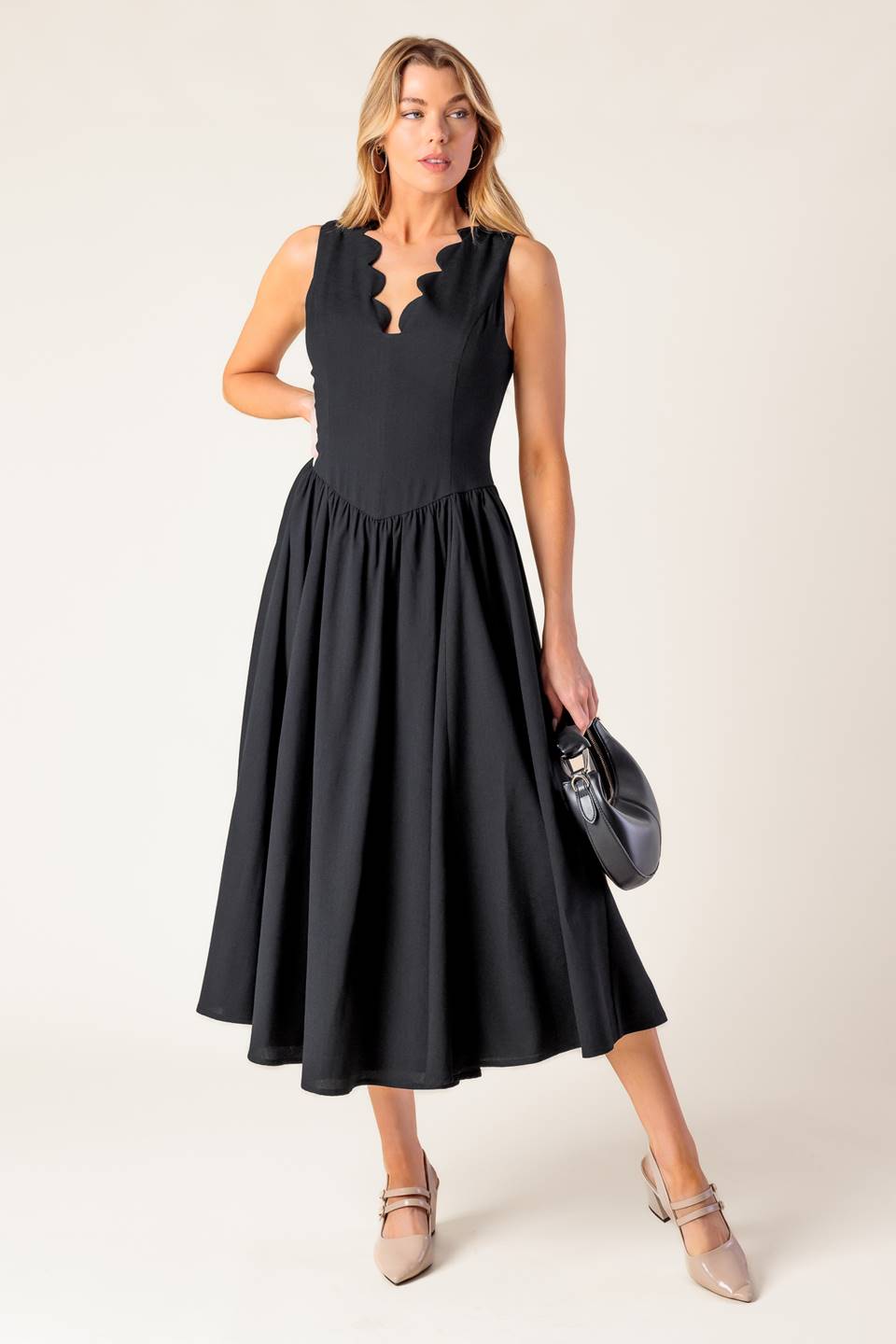 FOR THE RECORD SCALLOP V-NECK MIDI DRESS in Black - Elegant Party & Cocktail Attire for Women
