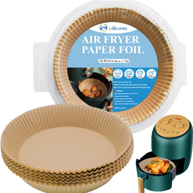 Non-Stick Air Fryer Parchment Paper Liners - 50PCS Round, Grease & Waterproof Basket Liners for Healthy Cooking | Perfect for Air Frying, Baking, Roasting & Reheating Foods
