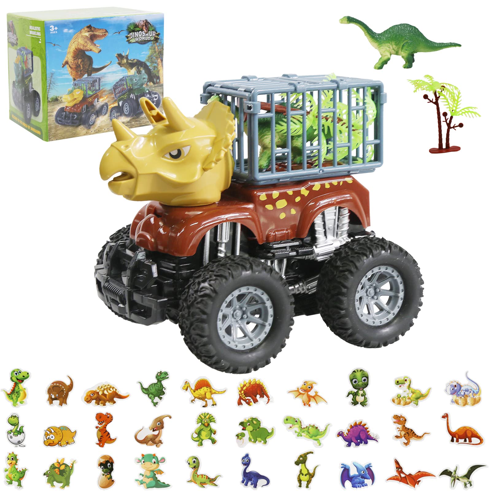 Dinosaur Toys Truck for Kids - Dino Monster Truck Carrier with 30pcs Dinosaur Stickers, Powered Ride-On Toy for Boys & Girls Ages 3-5+ | Perfect for Christmas, Birthday Gifts & Playtime Adventures