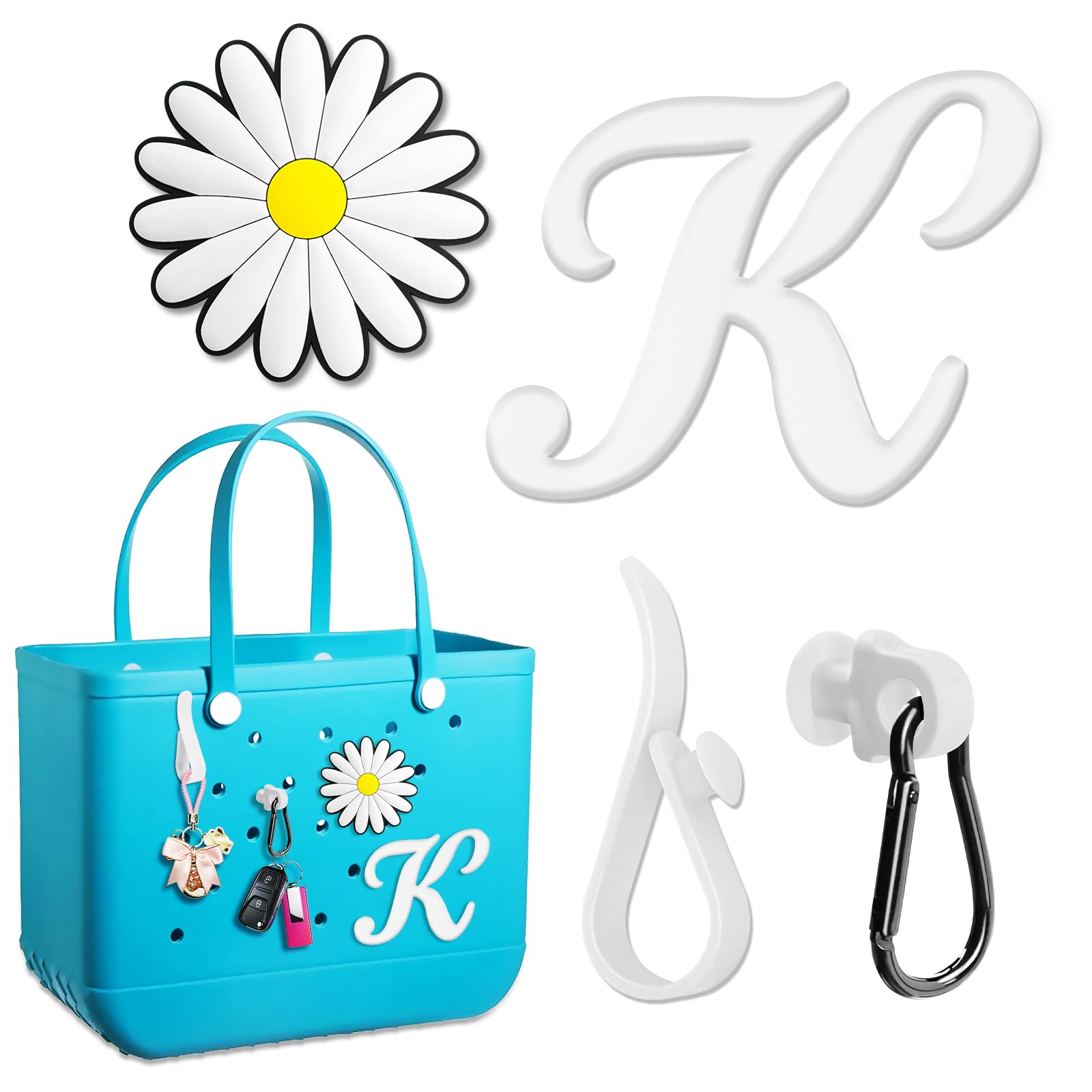 Hikkcos Letter Charm Hooks - Bogg Bag Accessories, Key Holder & Flower Letter Insert - Compatible with Bogg Bag Beach Tote - Perfect for Beach Trips, Pool Parties & Summer Outings