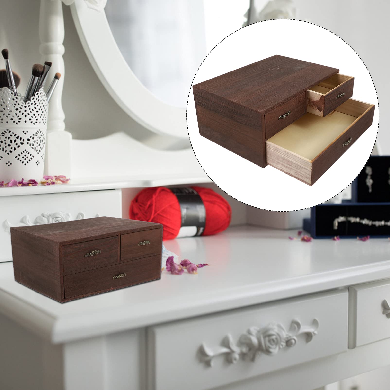 Veemoon Wooden Desktop Organizer with Drawers - High Capacity Storage Cabinet for Office, Desk, Cosmetics, Pens & Phone Stand | Compact Wooden Drawer Box for Home & Workspace Organization