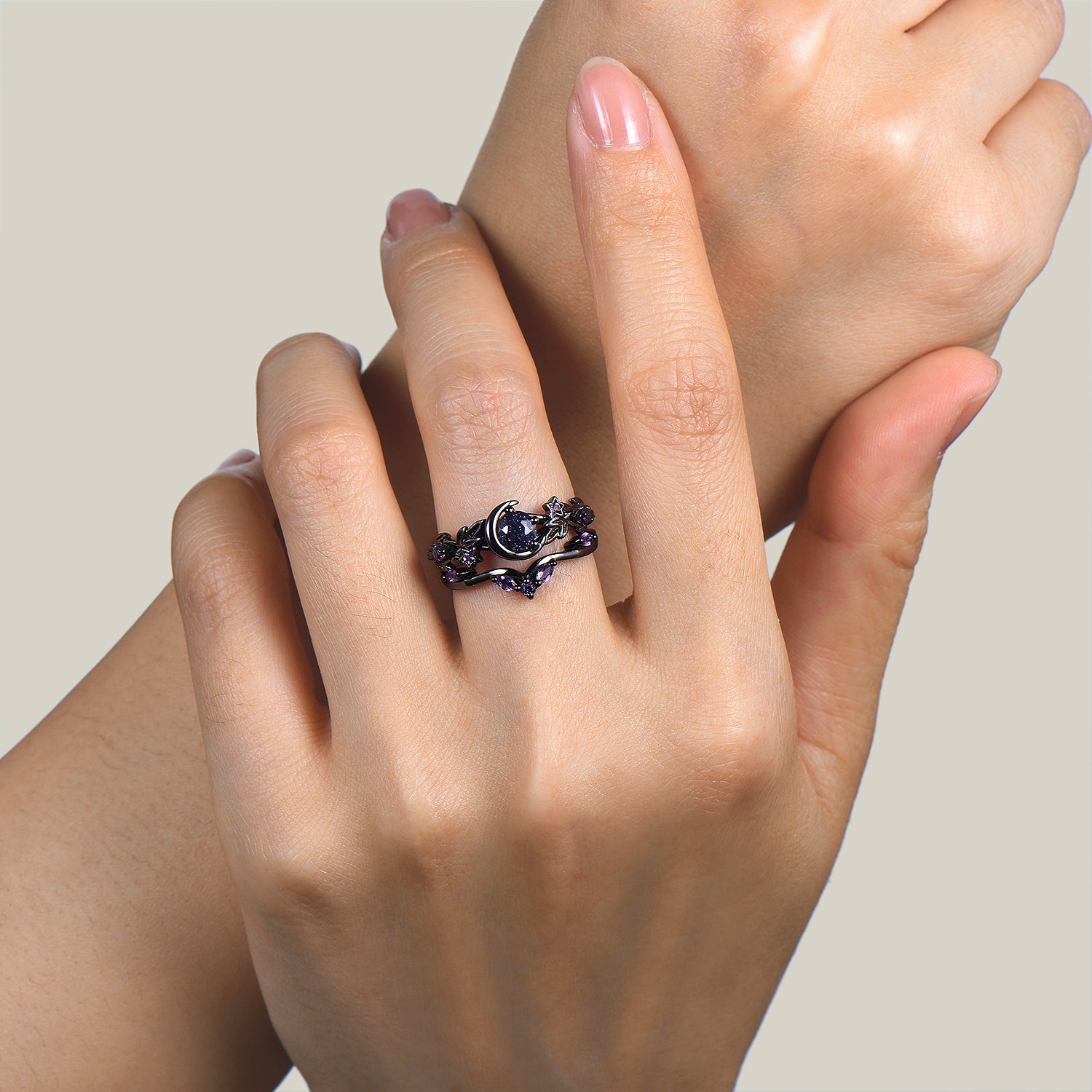 Round Blue Sandstone Moon Wedding Ring Set with Amethyst & Black Gold Leaf - Elegant Bridal Jewelry for Engagement, Anniversary & Romantic Occasions